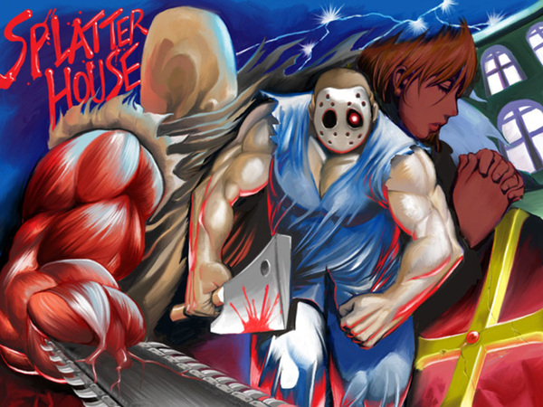 jennifer willis, rick (splatterhouse), rick taylor, namco, splatterhouse, image sample, pixiv sample, resized, blood, chainsaw, copyright name, cross, mask, muscular, praying, torn clothes