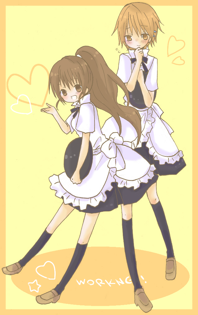 nayu (rhododendron), inami mahiru, taneshima popura, working!!, artist request, bad id, bad pixiv id, 2girls, apron, blush, brown eyes, brown hair, hair ornament, hairclip, long hair, multiple girls, orange eyes, orange hair, ponytail, short hair, tray, waitress