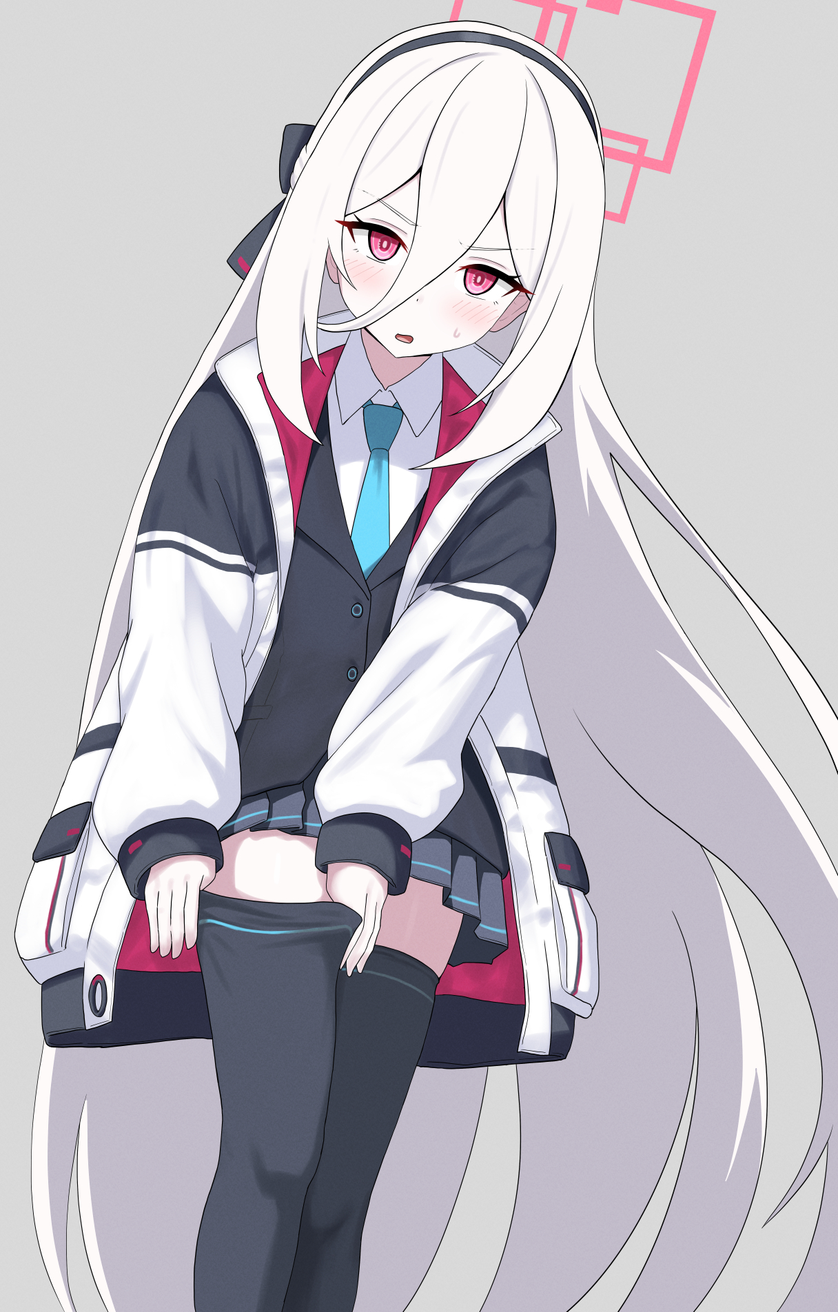 unamaso, kei (blue archive), blue archive, commentary request, highres, 1girl, adjusting clothes, adjusting legwear, black skirt, black thighhighs, blue necktie, grey background, hair between eyes, halo, jacket, long hair, looking at viewer, necktie, open clothes, open jacket, open mouth, pleated skirt, red eyes, red halo, simple background, skirt, sleeves past wrists, solo, thighhighs, very long hair, white hair, white jacket