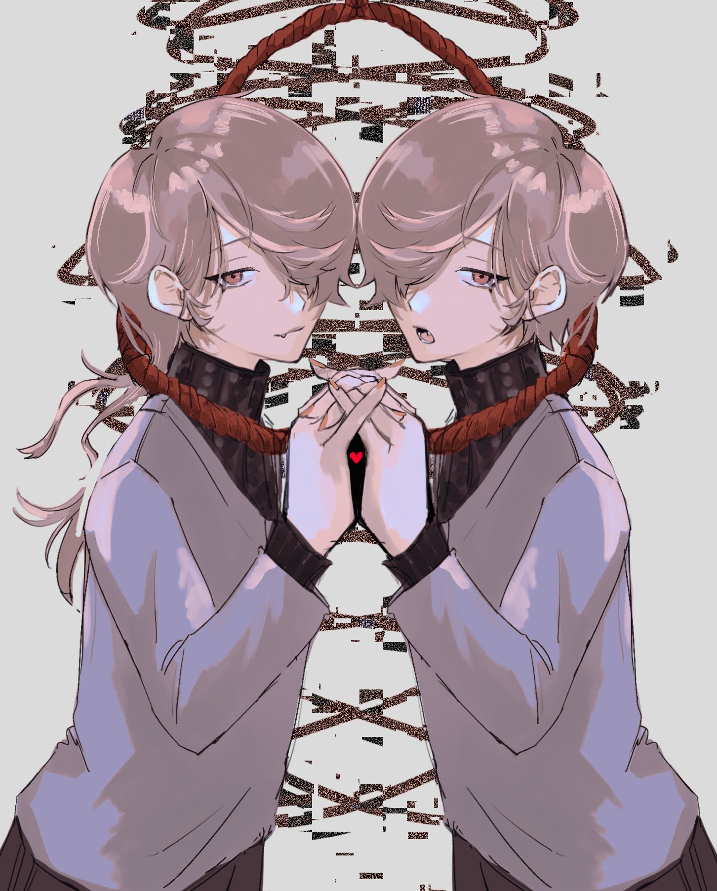 sahi00000, original, commentary request, highres, 2boys, brothers, brown hair, closed mouth, fang, fang out, from side, grey shirt, hair over one eye, heart, holding hands, long hair, long sleeves, looking at viewer, male focus, multiple boys, noose, one eye covered, open mouth, parted bangs, red eyes, shirt, short hair, siblings, symmetrical pose, symmetry, twins, white background