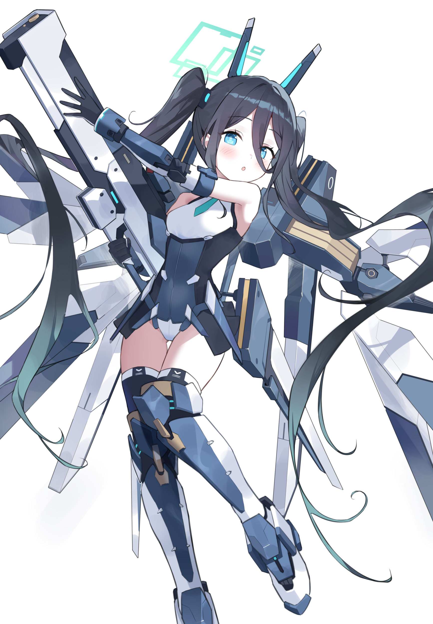 gamgyul, aris (armed) (blue archive), aris (blue archive), blue archive, absurdres, commentary, highres, 1girl, black gloves, blue eyes, blue halo, blue leotard, blue necktie, boots, detached sleeves, gloves, gun, hair between eyes, halo, holding, holding gun, holding weapon, leotard, long hair, looking at viewer, mecha musume, necktie, official alternate costume, official alternate hairstyle, rifle, solo, thigh boots, twintails, very long hair, weapon