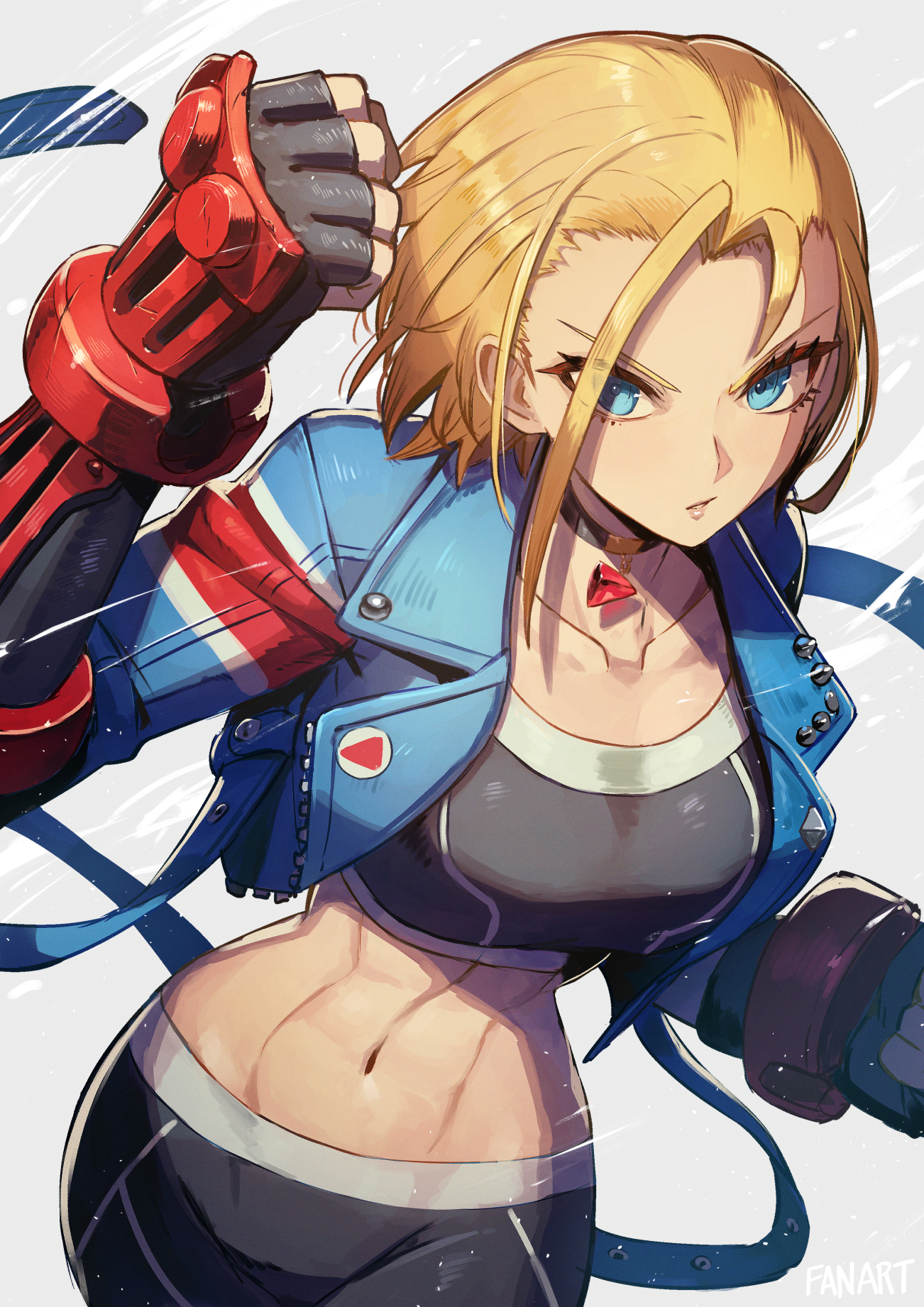 kuroi susumu, cammy white, street fighter, street fighter 6, commentary, commentary request, highres, 1girl, abs, blonde hair, blue eyes, blue jacket, breasts, choker, collarbone, crop top, cropped jacket, curtained hair, english text, grey background, jacket, large breasts, navel, open clothes, open jacket, serious, short hair, simple background, single vambrace, solo, vambraces, yellow choker