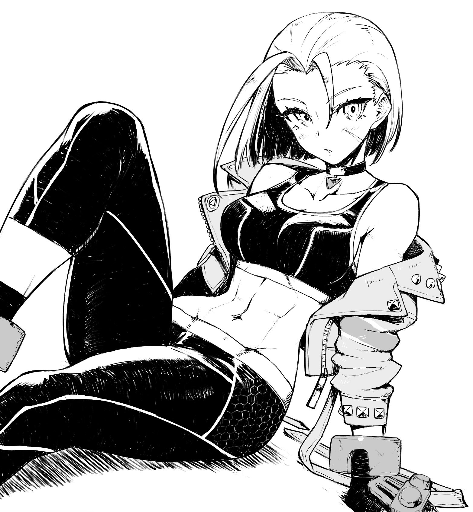 kuroi susumu, cammy white, street fighter, street fighter 6, commentary, commentary request, highres, 1girl, abs, breasts, choker, collarbone, crop top, cropped jacket, curtained hair, jacket, large breasts, monochrome, navel, open clothes, open jacket, scar, short hair, simple background, single vambrace, sitting, solo, vambraces, white background, yellow choker