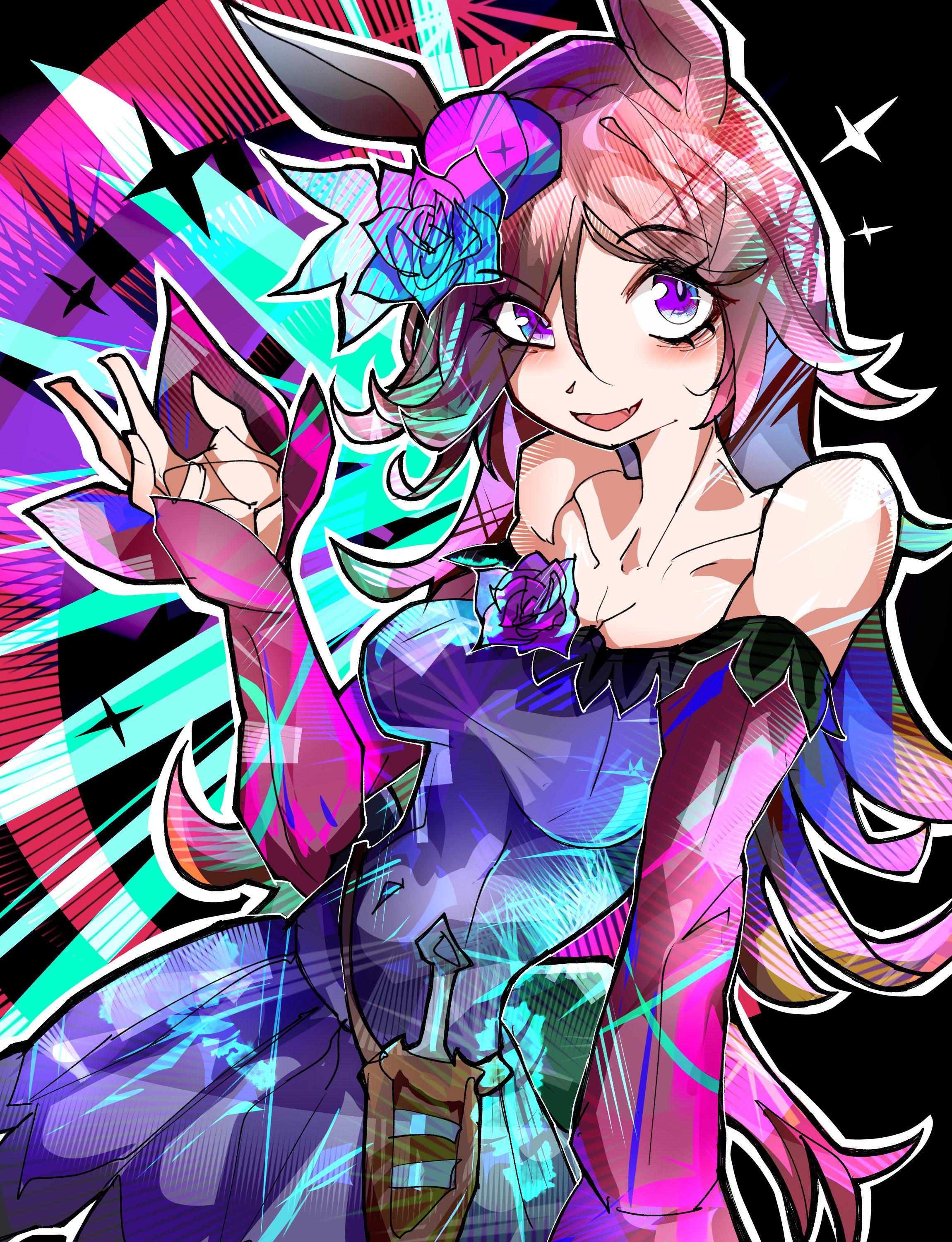 rice shower (rosy dreams) (umamusume), rice shower (umamusume), umamusume, absurdres, highres, 1girl, abstract background, animal ears, bare shoulders, blue flower, blue hat, blue rose, blush, brown hair, collarbone, colorful background, covered navel, dagger, dress, eyes visible through hair, fang, fascinator, flipped hair, flower, hair over one eye, hand up, hat, hat flower, horse ears, horse girl, horse tail, knife, long hair, long sleeves, looking at viewer, off-shoulder dress, off shoulder, open mouth, outline, purple eyes, purple sleeves, rose, sheath, sheathed, skin fang, smile, solo, tail, tilted headwear, torada tetora, upper body, weapon, white outline