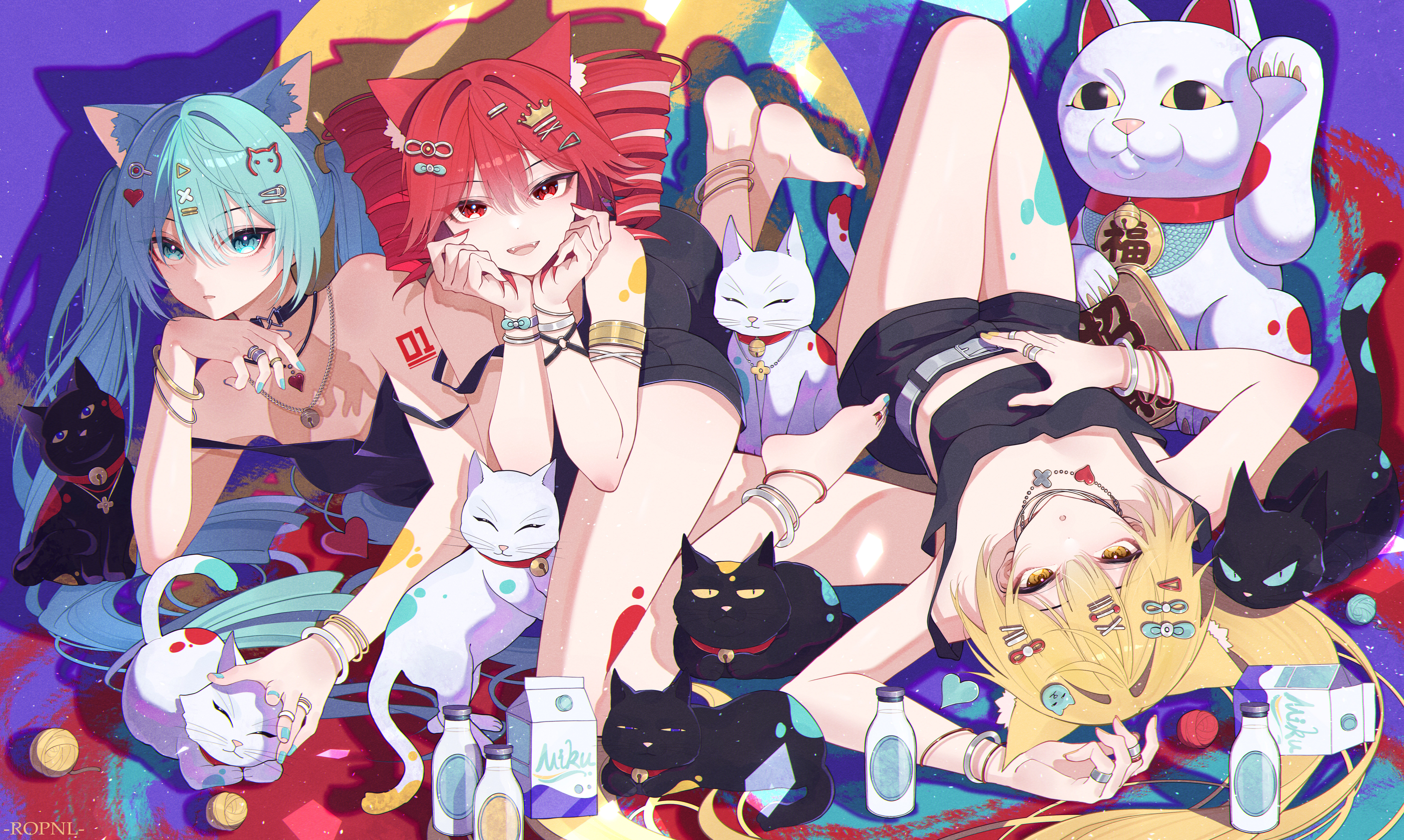 tiandingfengren, akita neru, hatsune miku, kasane teto, triple baka (vocaloid), utau, vocaloid, absurdres, chinese commentary, commentary, highres, 3girls, animal ears, barefoot, black shorts, black tank top, blonde hair, blue eyes, blue hair, blue nails, blush, bracelet, cat, cat ears, cat girl, closed mouth, drill hair, fang, hands on own face, jewelry, long hair, looking at viewer, multiple bracelets, multiple girls, multiple rings, number tattoo, open mouth, red eyes, red hair, red nails, ring, short shorts, shorts, shoulder tattoo, side ponytail, skin fang, tank top, tattoo, twin drills, twintails, yellow eyes, yellow nails