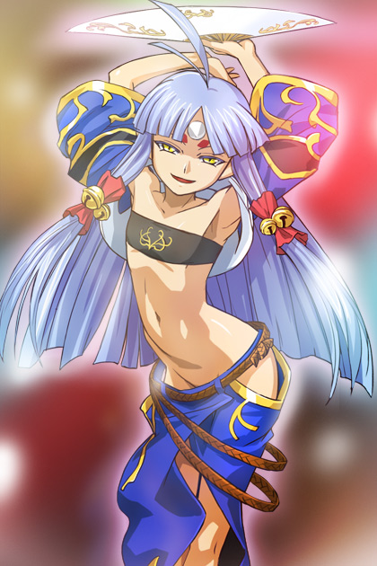 haruyama kazunori, suzuka hime, banpresto, super robot wars, super robot wars og saga mugen no frontier, super robot wars og saga mugen no frontier exceed, 1girl, ahoge, armpits, bandeau, bell, blue hair, facial mark, female focus, flat chest, forehead mark, hair ornament, hair ribbon, hand fan, horns, long hair, midriff, navel, no panties, ribbon, single horn, solo, strapless, tube top, yellow eyes