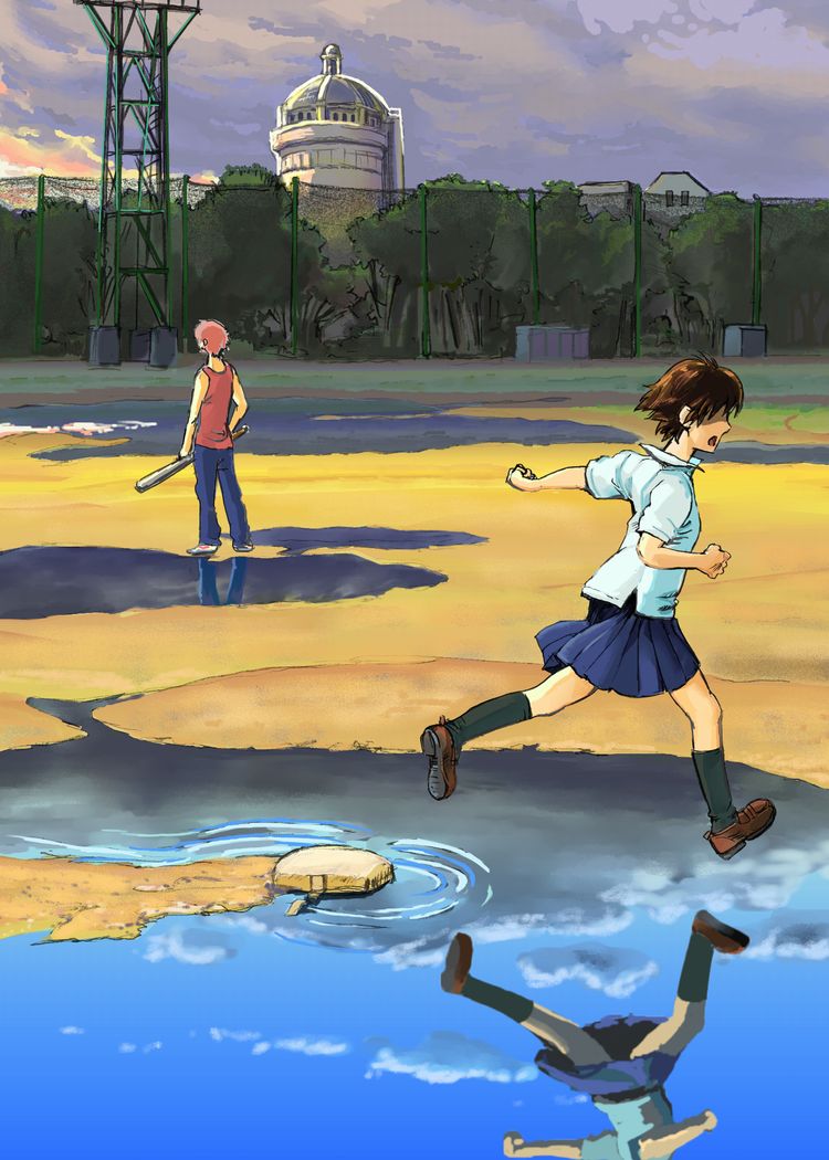 hondo-ten, konno makoto, mamiya chiaki, toki wo kakeru shoujo, 00s, 1boy, 1girl, baseball, baseball bat, brown hair, fence, hair over eyes, puddle, pylon, reflection, running, short hair, skirt, transmission tower, water