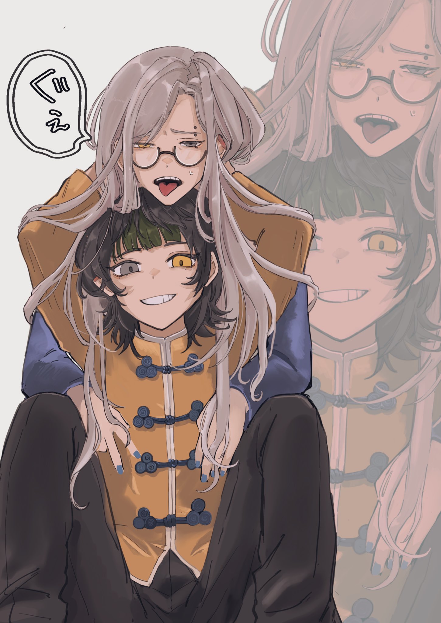 sahi00000, character request, commentary request, copyright request, highres, translation request, 1boy, 1girl, black hair, black pants, blunt bangs, cowboy shot, eyebrow piercing, face piercing, glasses, grey eyes, grey hair, heterochromia, hug, jacket, long hair, long sleeves, looking at viewer, medium hair, open mouth, pants, parted bangs, piercing, smile, speech bubble, tongue, tongue out, yellow eyes, yellow jacket, zoom layer