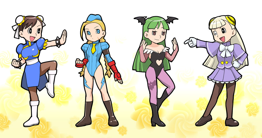ueyama michirou, cammy white, chun-li, ingrid (capcom), morrigan aensland, capcom, capcom fighting jam, darkstalkers, doraemon, street fighter, print legwear, 4girls, animal print, bat print, bat wings, blue leotard, bun cover, china dress, chinese clothes, crossover, double bun, dress, fujiko f fujio (style), garrison cap, hair bun, hairpods, hat, head wings, leotard, multiple girls, odd one out, pantyhose, parody, pelvic curtain, sleeved leotard, style parody, wings