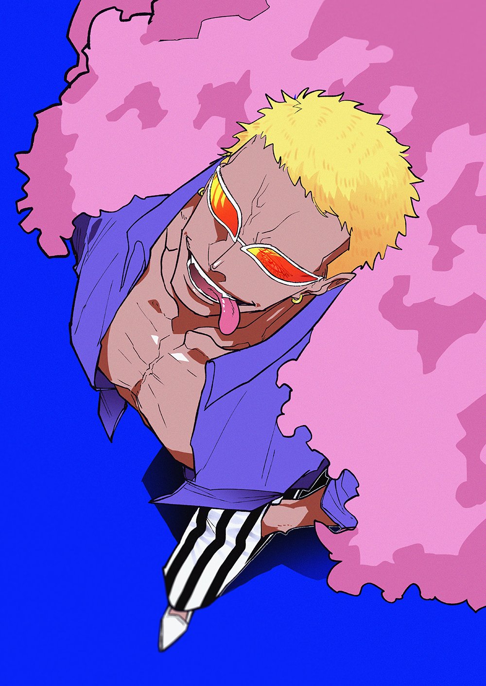 serizawa52, donquixote doflamingo, one piece, commentary request, highres, 1boy, blonde hair, blue background, blue shirt, coat, earrings, from above, hand in pocket, jewelry, male focus, open clothes, open mouth, open shirt, pants, pectorals, pink coat, shirt, short hair, smile, striped clothes, striped pants, sunglasses, tongue, tongue out, two-tone pants, vertical-striped clothes, vertical-striped pants
