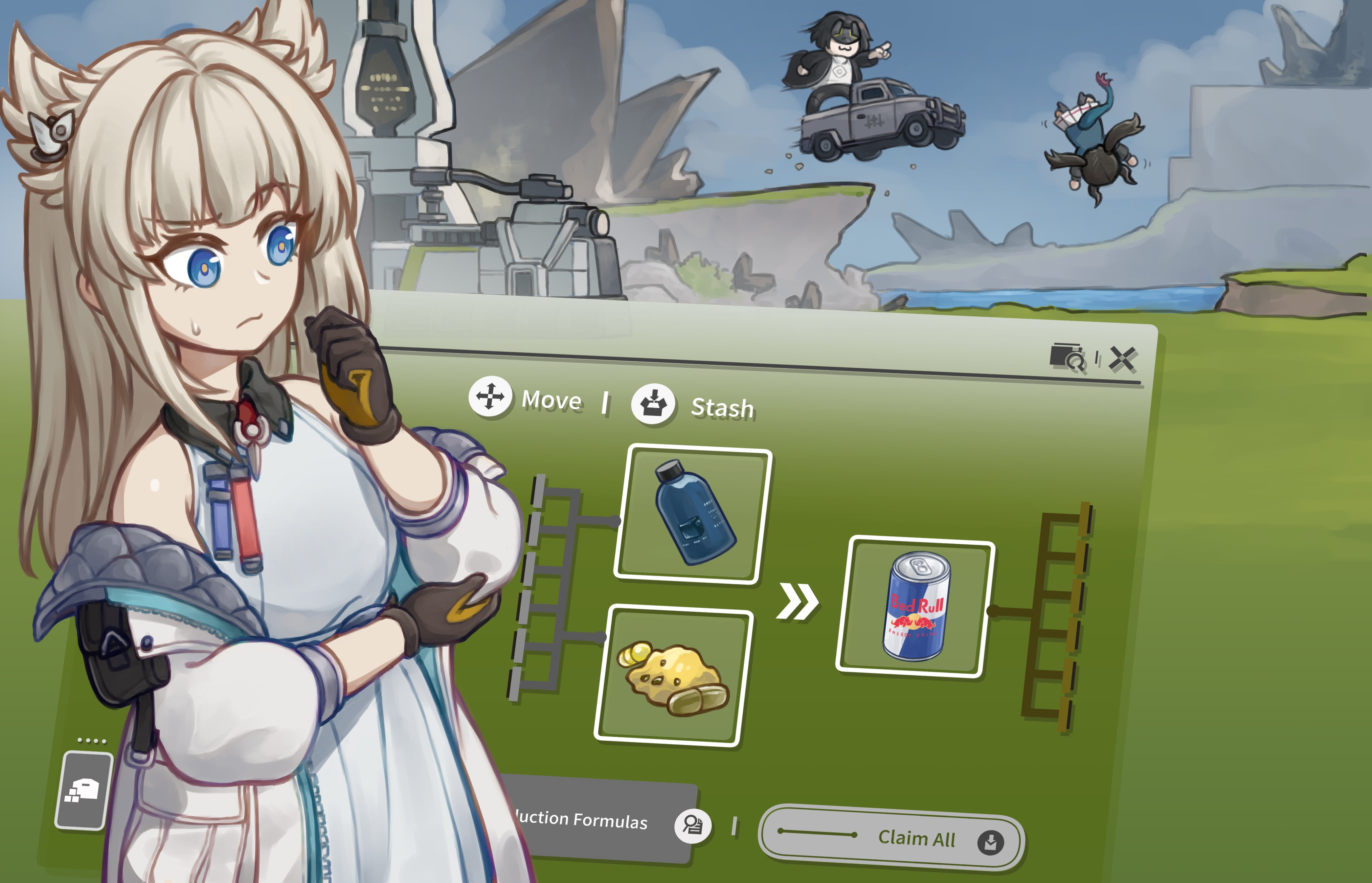 thokuma, chen qianyu (arknights), endministrator (arknights), female endministrator (arknights), perlica (arknights), arknights, arknights: endfield, absurdres, commentary, english commentary, highres, 3girls, animal ears, bird ears, bird girl, black gloves, blue eyes, closed mouth, dress, gameplay mechanics, gloves, grey hair, long hair, multiple girls, white dress