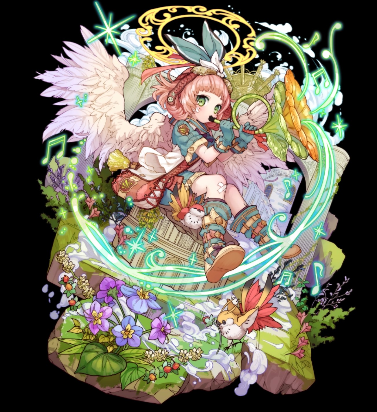 merc storia art team, merc storia, highres, official art, 1girl, angel, angel wings, bag, bird, black background, blue boots, blue gloves, blue jacket, blue shorts, blunt bangs, boots, building, feathered wings, flower, flying, full body, gloves, goggles, goggles on head, grass, green eyes, green ribbon, halo, harmonica (merc storia), holding, holding instrument, instrument, jacket, leaf, musical note, pink hair, purple flower, ribbon, short sleeves, shorts, simple background, solo, tachi-e, white wings, wings