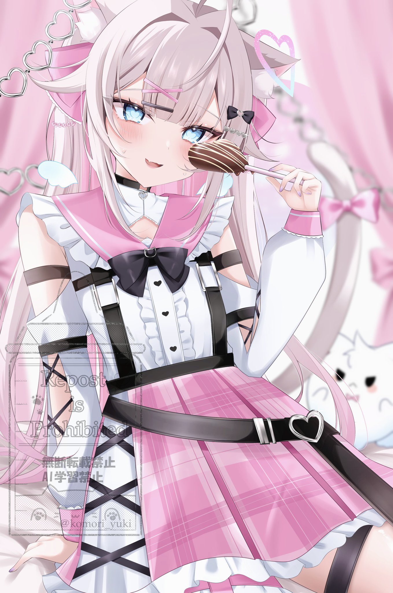 komor yuki, indie virtual youtuber, commentary request, commission, highres, second-party source, 1girl, ahoge, amagami amane (vtuber), animal ears, blue eyes, cat ears, cat girl, chocolate, clothing cutout, detached sleeves, food, frilled skirt, frills, hair intakes, hair ornament, hair ribbon, heart, heart-shaped pupils, holding, holding chocolate, holding food, long hair, long sleeves, looking at viewer, parted lips, pink hair, pink ribbon, pink sailor collar, pink skirt, plaid clothes, plaid skirt, ribbon, sailor collar, shirt, skirt, sleeveless, sleeveless shirt, solo, sweatdrop, symbol-shaped pupils, twintails, virtual youtuber, watermark, white shirt, white sleeves, x hair ornament