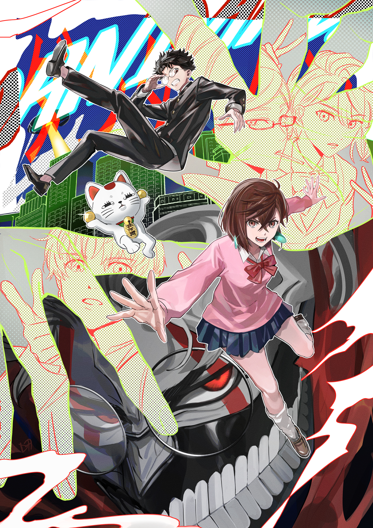 daenarys, ayase momo, ayase seiko, enjoji jin, shiratori aira (dandadan), takakura ken (dandadan), takakura ken (transformed) (dandadan), turbo granny (dandadan), dandadan, commentary, highres, 2boys, 4girls, adjusting eyewear, ball, black jacket, black pants, blue skirt, bow, bowtie, brown eyes, brown hair, brown shoes, clenched teeth, colored skin, crossed bangs, earrings, facial mark, full body, gakuran, glasses, glint, grey skin, hair between eyes, jacket, jewelry, kami high school uniform, long sleeves, looking at viewer, loose bowtie, loose socks, maneki-neko, mask, miniskirt, mouth mask, multiple boys, multiple girls, open mouth, outstretched arms, pants, pink sweater, pleated skirt, red bow, red bowtie, red eyes, round eyewear, school uniform, shirt, shirt under sweater, shoes, short hair, skirt, socks, sweater, teeth, transformation, upper body, white shirt, white socks, wing collar