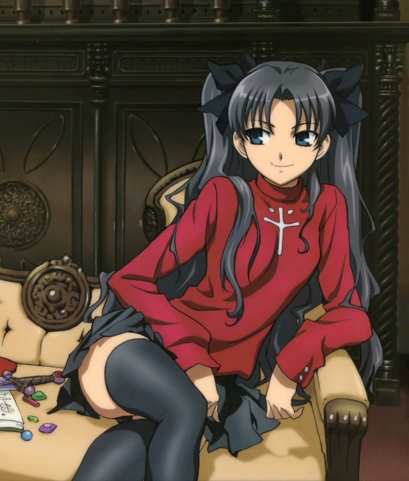 tohsaka rin, fate/stay night, fate (series), highres, 1girl, black thighhighs, couch, crossed legs, dagger, female focus, gem, knife, long legs, sitting, solo, thighhighs, twintails, two side up, weapon, zettai ryouiki