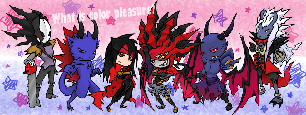 takenohana, chaos (ff7), galian beast, hell masker, vincent valentine, dirge of cerberus: final fantasy vii, final fantasy, final fantasy vii, bad id, bad pixiv id, + +, 1990s (style), 2boys, alternate form, black hair, chainsaw, chibi, english text, engrish text, horns, mask, monster, multiple boys, ranguage, retro artstyle, white hair, wings