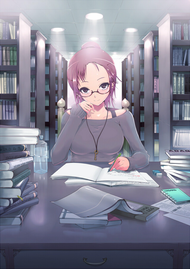 kasai shin, original, 1girl, book, breasts, female focus, glasses, indoors, jewelry, library, pendant, solo