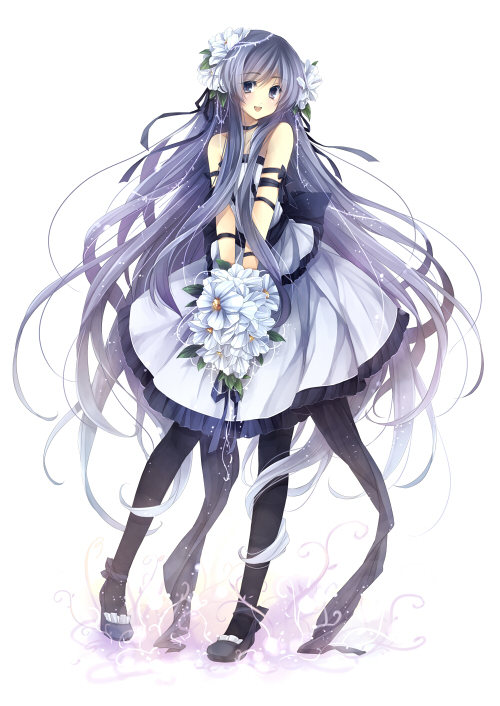 hagiwara rin, original, 1girl, arm ribbon, bare shoulders, black pantyhose, blue eyes, blue hair, bouquet, dress, female focus, flower, full body, long hair, looking at viewer, matching hair/eyes, open mouth, pantyhose, purple hair, ribbon, smile, solo, standing, very long hair