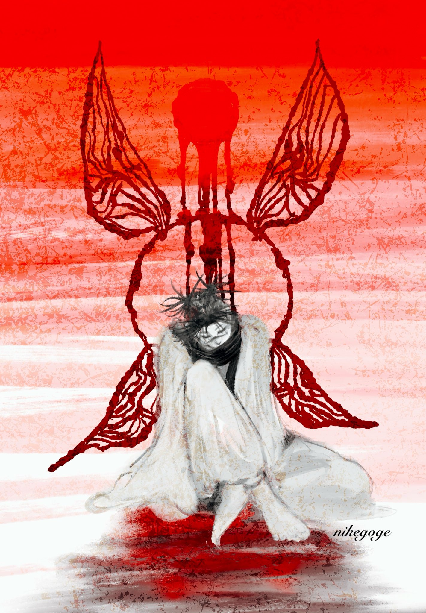 nikegoge, choso (jujutsu kaisen), jujutsu kaisen, commentary request, highres, 1boy, artist name, barefoot, black hair, blood wings, colored skin, facial mark, full body, male focus, robe, short hair, short twintails, sitting, solo, twintails, white robe, white skin