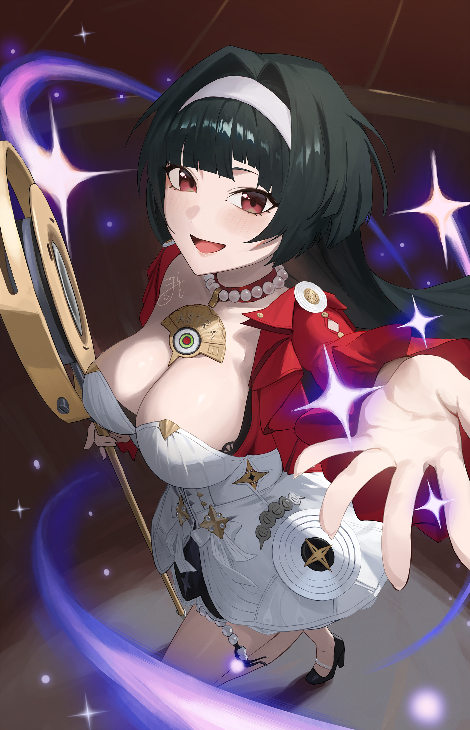 gomashiwo o, astra yao, zenless zone zero, absurdres, commentary request, highres, 1girl, black hair, breasts, dress, from above, hairband, high heels, holding, holding microphone stand, jacket, jewelry, large breasts, long hair, looking at viewer, microphone stand, necklace, pearl necklace, red jacket, smile, solo, very long hair, white dress, white hairband