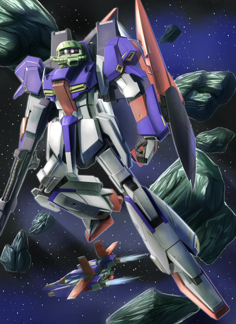 raybar, zeta zaku, zz gundam, gundam, gundam zz, asteroid, beam rifle, energy gun, gun, mecha, robot, shield, space, weapon