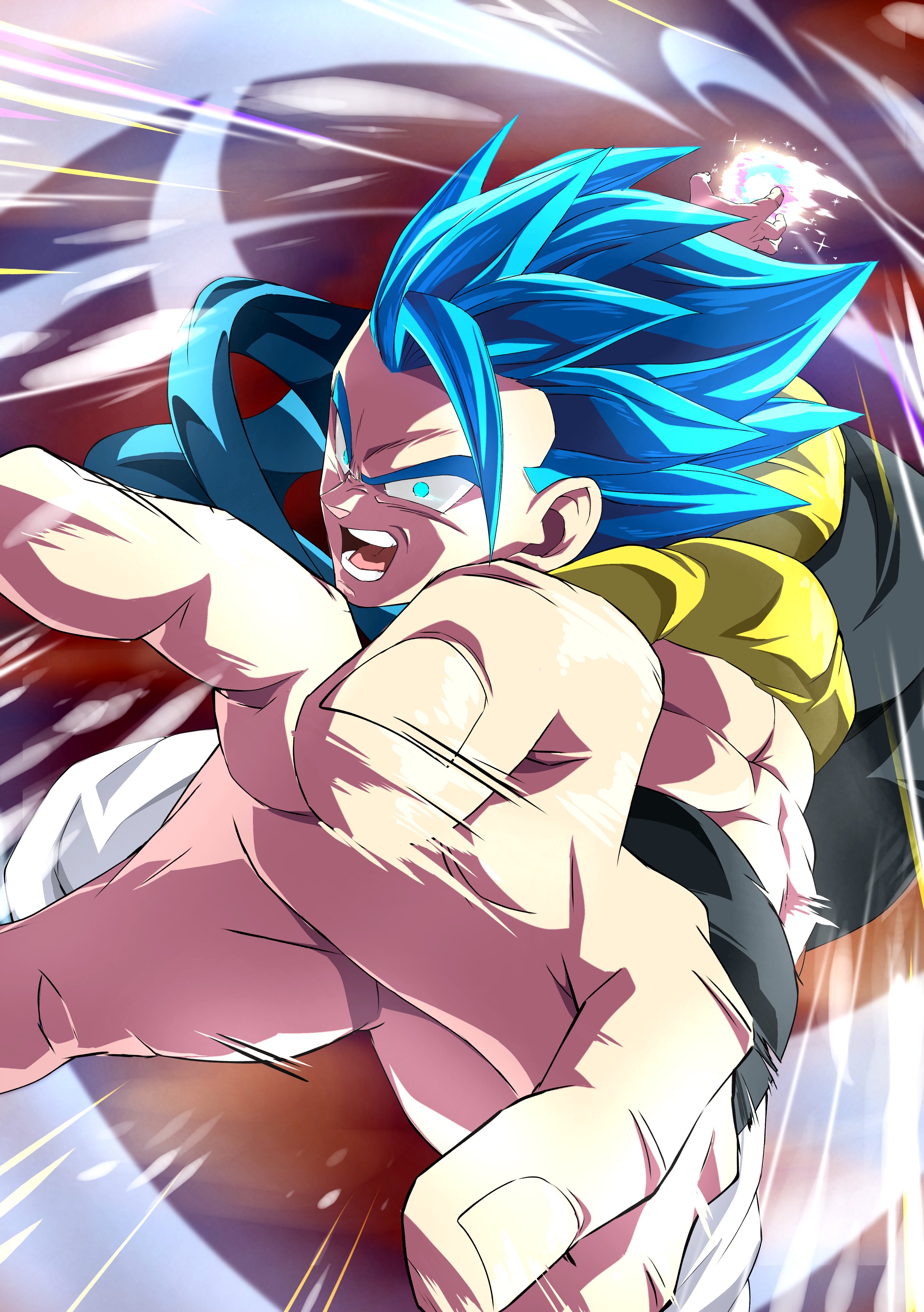 gogeta, dragon ball, dragon ball super, dragon ball super super hero, absurdres, commentary request, highres, black vest, blue eyes, blue hair, cropped vest, energy ball, glowing, glowing eyes, hase125639, medium hair, metamoran vest, muscular, muscular male, no shirt, open mouth, pants, smear frame, spiked hair, stardust breaker, super saiyan, super saiyan blue, vest, white pants