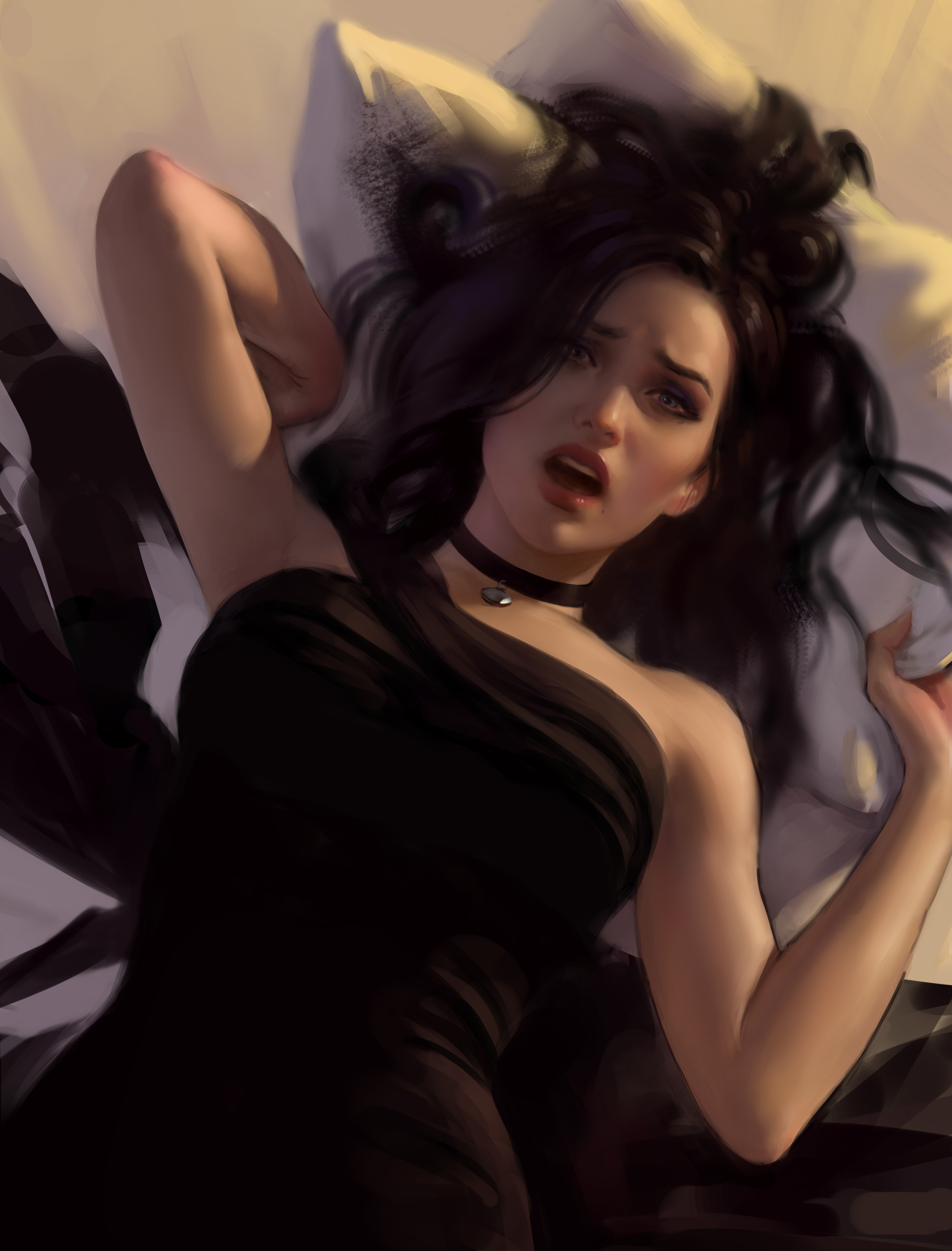 fivegarret, yennefer of vengerberg, the witcher (series), the witcher 3, absurdres, commentary, english commentary, highres, 1girl, black choker, black dress, black hair, choker, dress, dutch angle, hair spread out, hands up, looking at viewer, lying, mole, mole under mouth, on bed, open mouth, pillow, pillow grab, pink lips, scared, single bare shoulder
