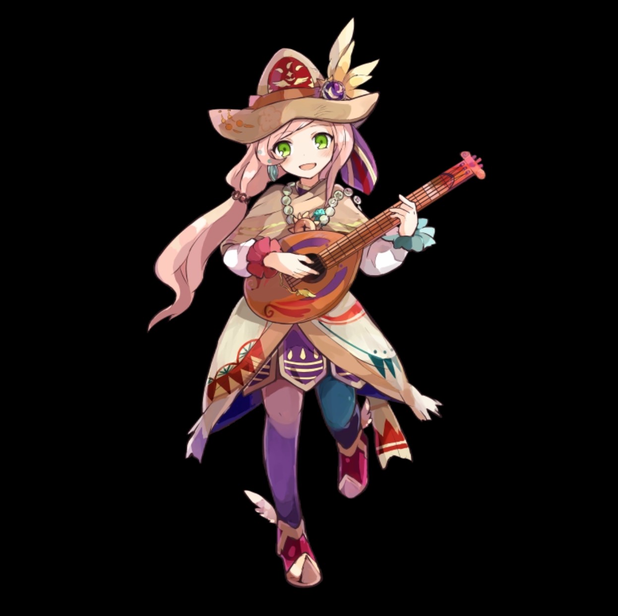 merc storia art team, merc storia, highres, official art, 1girl, black background, blush, brown capelet, brown hat, capelet, feathers, full body, green eyes, guitar, hat, holding, holding instrument, instrument, jewelry, long hair, long sleeves, low ponytail, muse (merc storia), necklace, open mouth, pantyhose, pink hair, ponytail, purple pantyhose, red shoes, shoes, simple background, smile, solo, standing, tachi-e