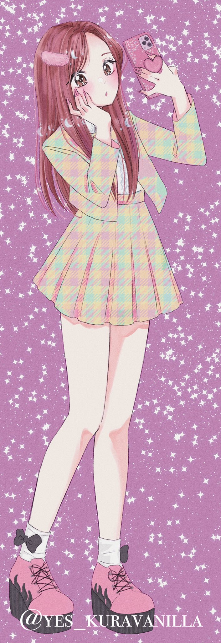 yes kuravanilla, aespa, real life, commentary, hashtag-only commentary, highres, symbol-only commentary, 1girl, black ribbon, blush, brown eyes, cropped jacket, fingernails, full body, giselle (aespa), hand on own cheek, hand on own face, holding, holding phone, jacket, k-pop, long fingernails, long hair, makeup, mascara, open mouth, phone, pink nails, purple background, ribbon, shirt tucked in, shoes, skirt, socks, solo, sparkle, twitter username, white socks