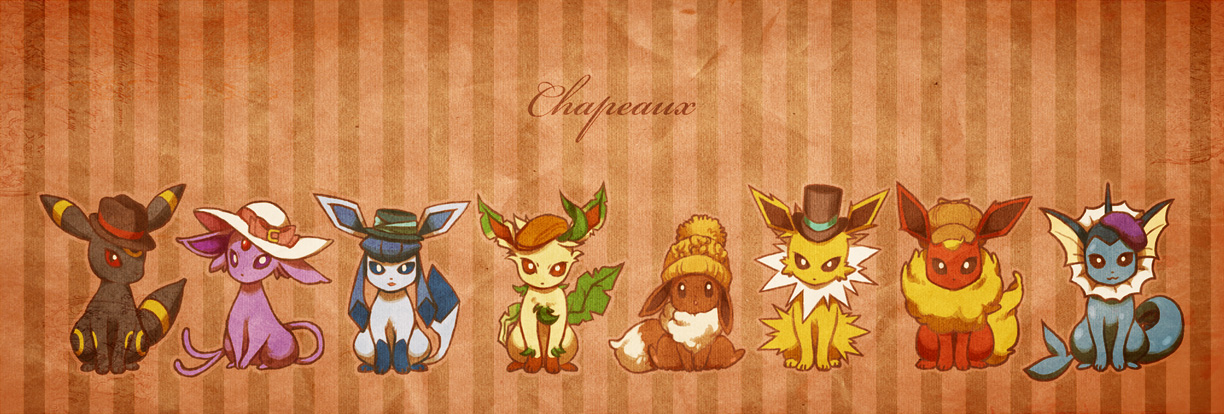 cambo copoca, eevee, espeon, flareon, glaceon, jolteon, leafeon, umbreon, vaporeon, nintendo, pokemon, animal, beanie, beret, clothed pokemon, deerstalker, evolutionary line, fedora, flat cap, french text, gen 1 pokemon, gen 2 pokemon, gen 4 pokemon, hat, no humans, pokemon (creature), porkpie hat, sun hat, tail, top hat