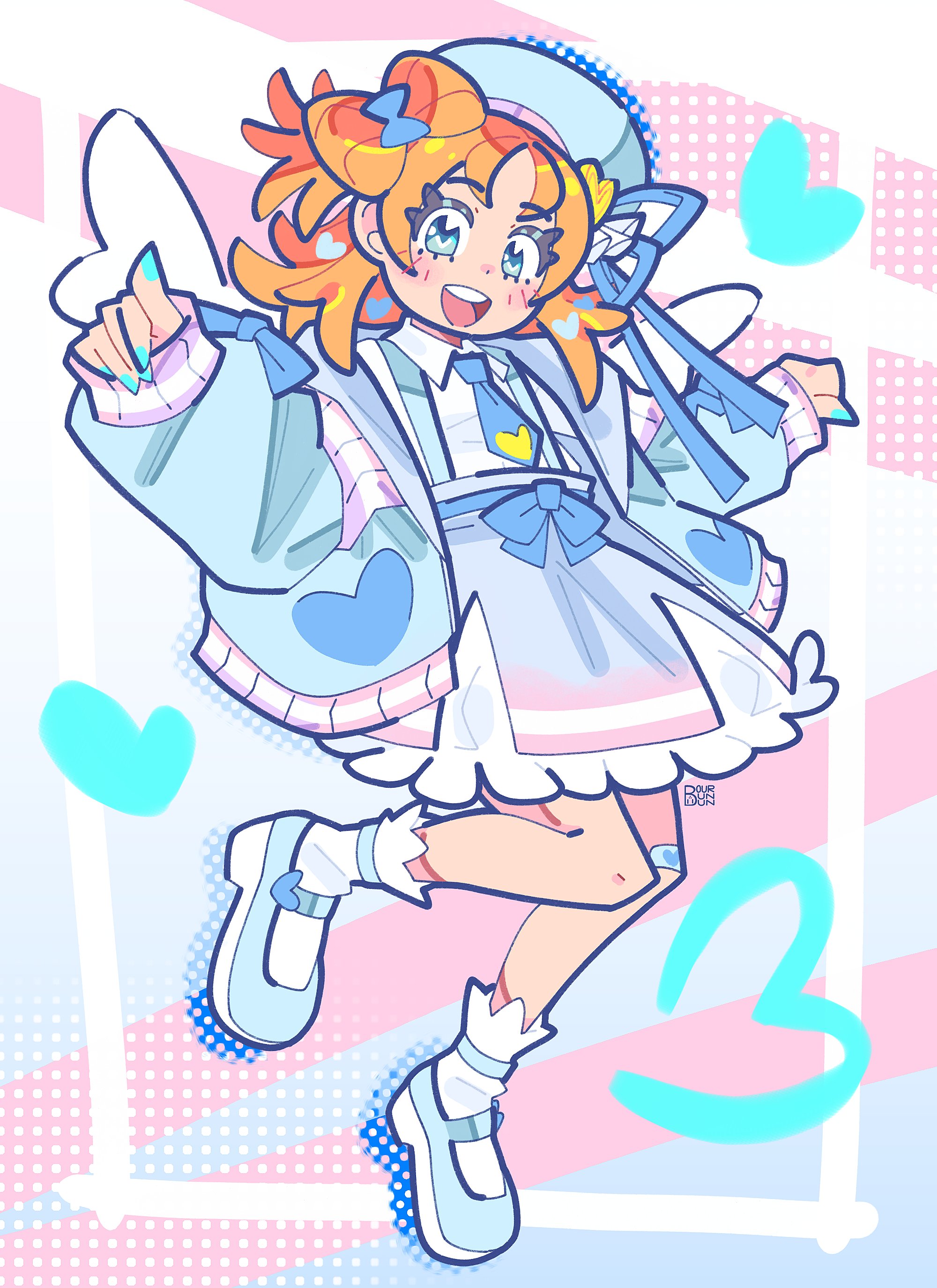 bourbunbun, sorano minamo, princession orchestra, absurdres, commentary, english commentary, highres, aqua hat, blue eyes, bow, drawn heart, frills, hair bow, halftone, hat, jacket, long hair, magical girl, necktie, orange hair, puffy sleeves, skirt, smile, socks, solo, suspenders, white socks