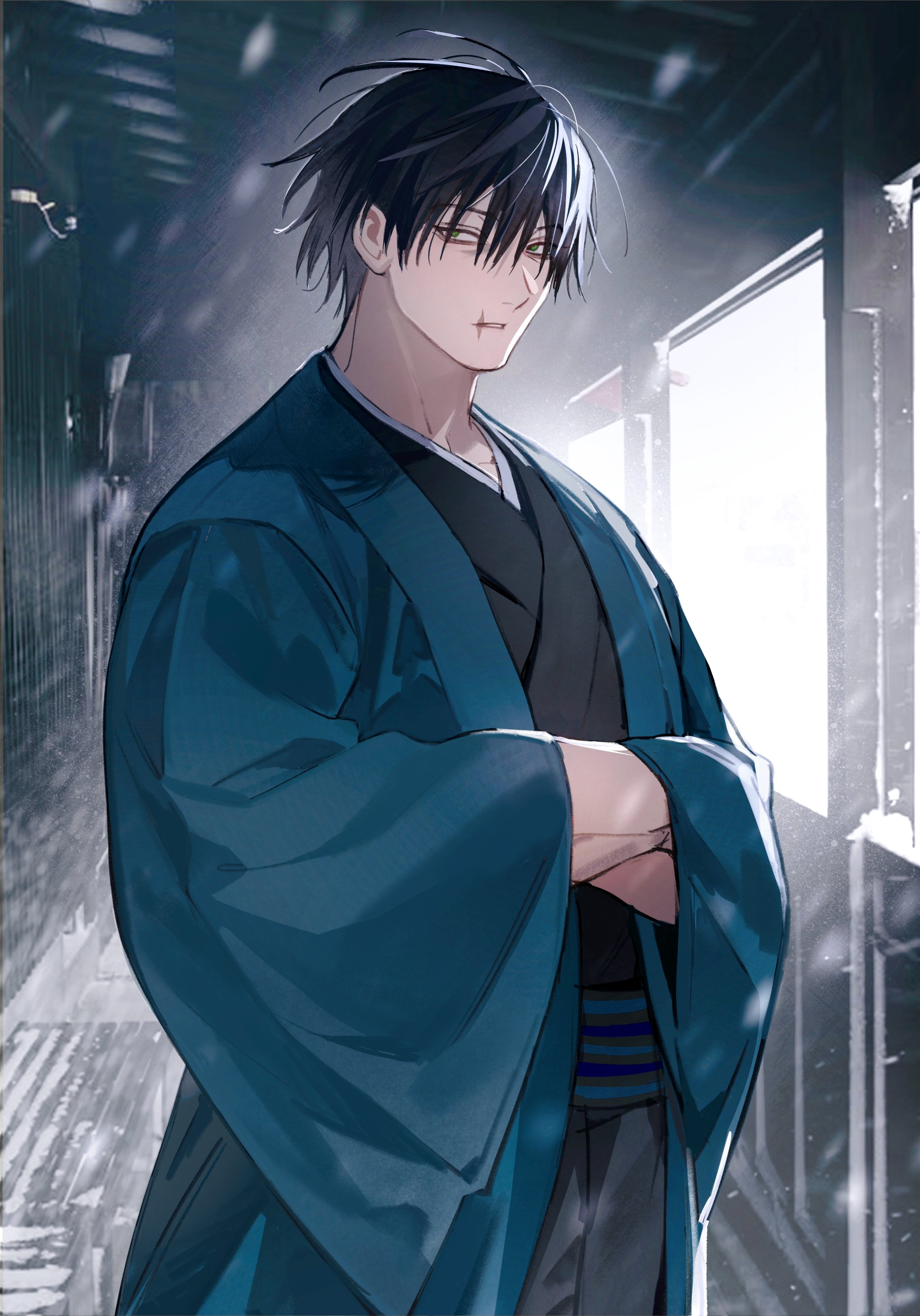 fushiguro touji, jujutsu kaisen, absurdres, commentary, english commentary, highres, 1boy, black hair, blue kimono, cowboy shot, crossed arms, japanese clothes, kimono, male focus, mizunoawabi, scar on lip, short hair, snow, solo
