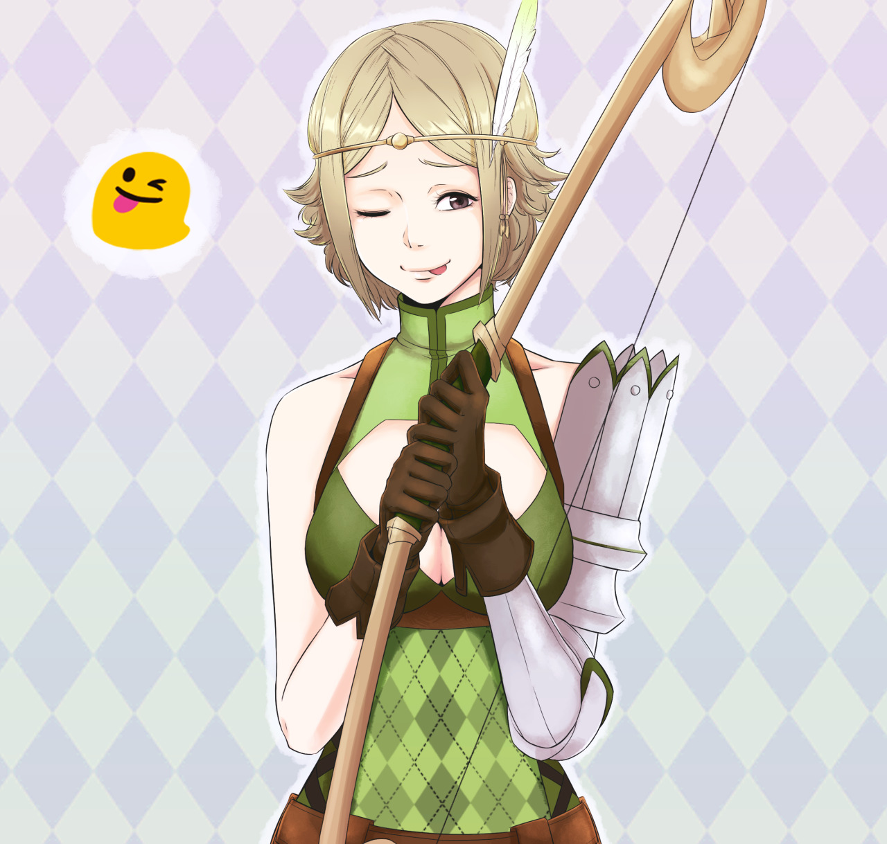 lithety, noire (fire emblem), fire emblem, fire emblem awakening, nintendo, commentary, english commentary, highres, 1girl, ;p, bare shoulders, blonde hair, bow (weapon), breasts, circlet, cleavage, feather hair ornament, feathers, gloves, hair ornament, holding, holding bow (weapon), holding weapon, large breasts, looking at viewer, one eye closed, short hair, smile, solo, tongue, tongue out, weapon