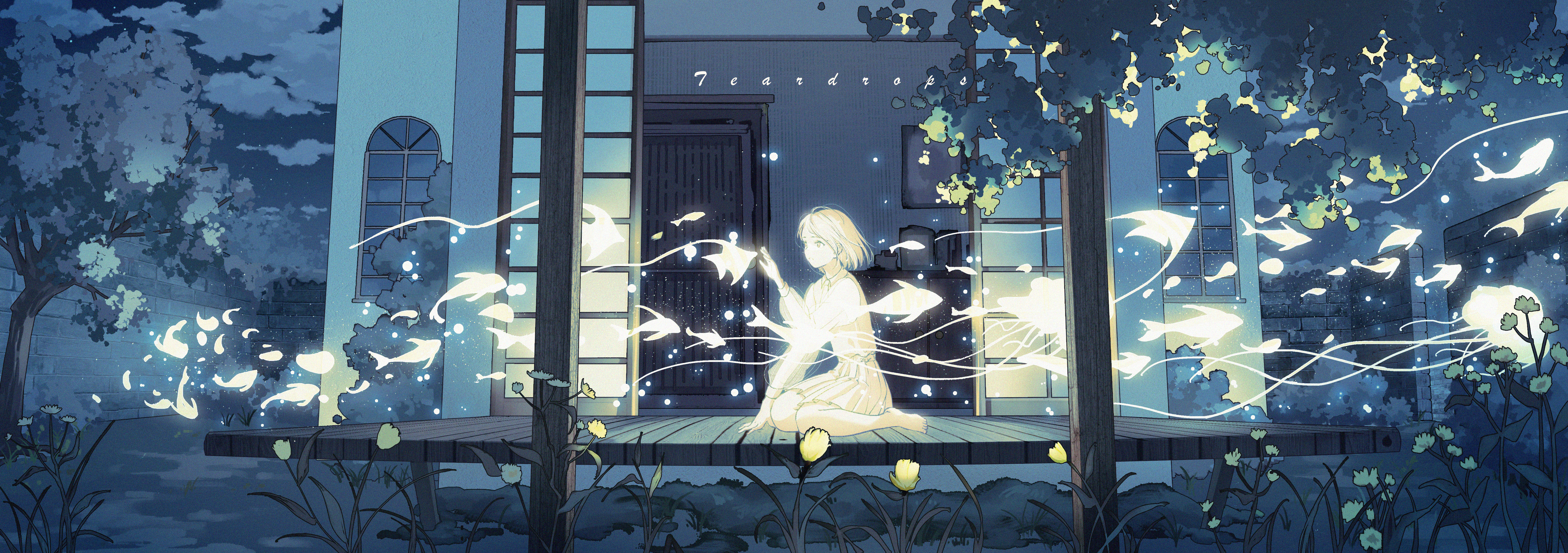 teardrops (user vgvd7733), original, absurdres, commentary request, highres, 1girl, fantasy, fish, flower, garden, glowing animal, hand up, house, jellyfish, looking to the side, medium hair, night, on floor, open door, parted lips, pleated skirt, porch, sitting, skirt, solo, wooden porch