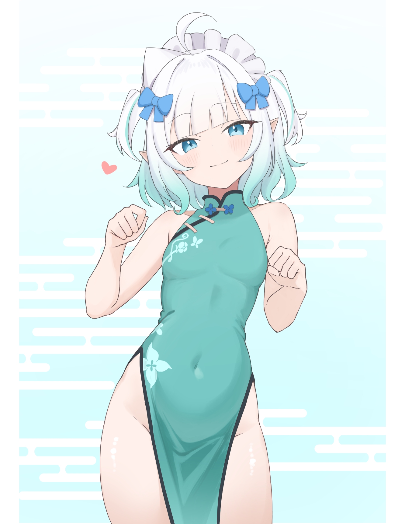 aura (aurapls), mint fantome, densetsu.exe, commentary, english commentary, highres, 1girl, ahoge, alternate costume, aqua dress, aqua hair, bare arms, bare shoulders, black trim, blue bow, blue eyes, blunt bangs, bow, breasts, china dress, chinese clothes, closed mouth, covered navel, cowboy shot, dot nose, dress, egasumi, floral print, floral print dress, gradient hair, hair bow, hands up, heart, light blush, light smile, looking at viewer, maid headdress, multicolored hair, pelvic curtain, pillarboxed, pointy ears, print dress, sleeveless, sleeveless dress, small breasts, solo, standing, streaked hair, tight clothes, tight dress, two-tone hair, two side up, virtual youtuber, white hair
