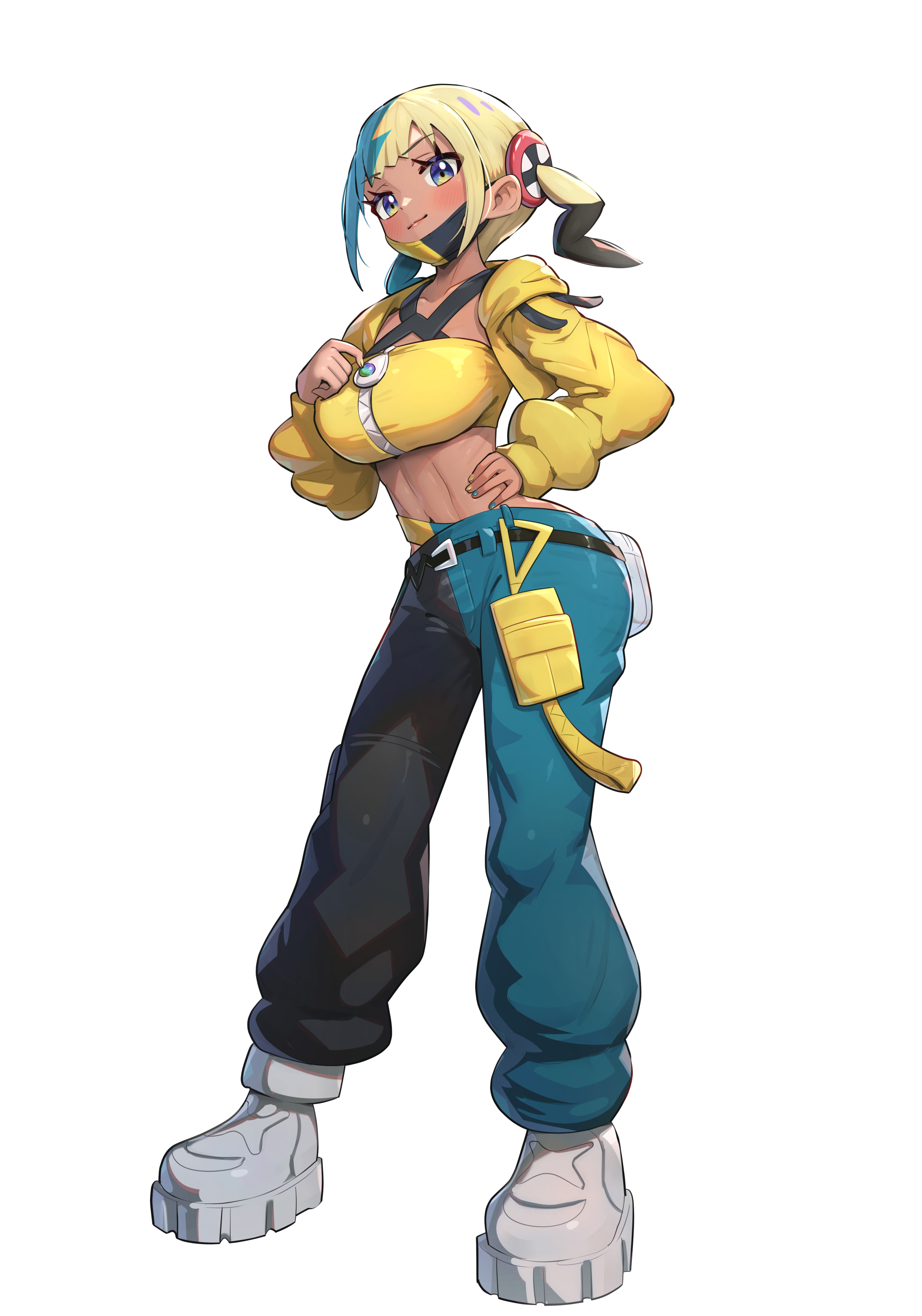 gonzarez, canari (pokemon), nintendo, pokemon, pokemon legends: z-a, absurdres, commentary request, highres, 1girl, aqua hair, bandeau, black mask, blonde hair, blue eyes, blush, boots, breasts, closed mouth, criss-cross straps, dark-skinned female, dark skin, full body, jacket, large breasts, long sleeves, looking at viewer, mask, mask pull, mega stone, midriff, mouth mask, multicolored hair, multicolored nails, navel, pants, short twintails, simple background, smile, solo, split-color clothes, split-color hair, sports bra, twintails, two-tone hair, two-tone mask, two-tone pants, white background, white boots, yellow bandeau, yellow jacket, yellow mask, yellow sports bra