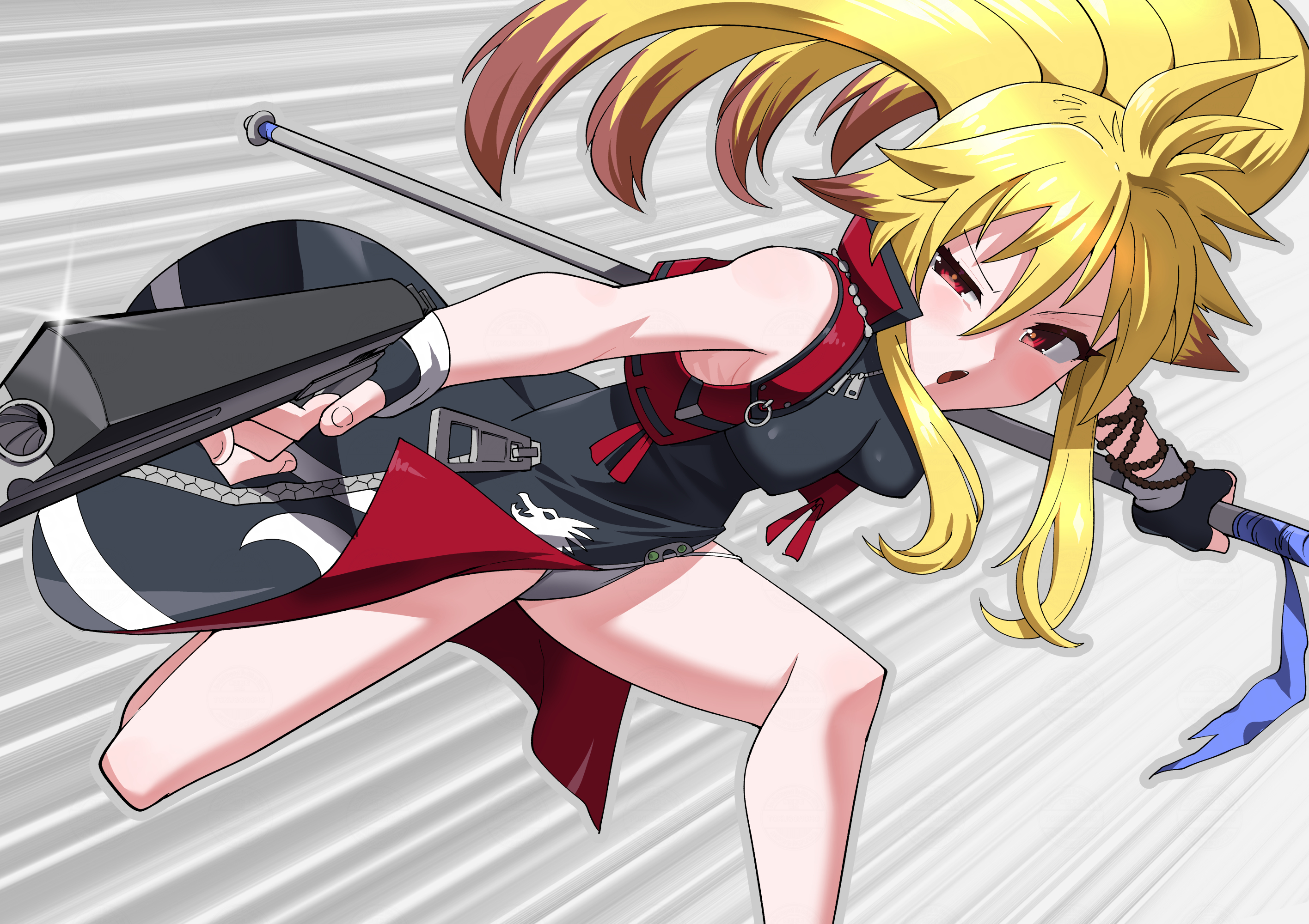 toku sonchou, xiaomu, namco x capcom, commentary request, highres, 1girl, ahoge, animal ears, blonde hair, breasts, brown eyes, dragon print, dress, dual wielding, fingerless gloves, fox ears, fox girl, full body, gloves, gun, handgun, holding, holding gun, holding weapon, long hair, open mouth, panties, polearm, ponytail, solo, underwear, weapon, white panties, zipper pull tab