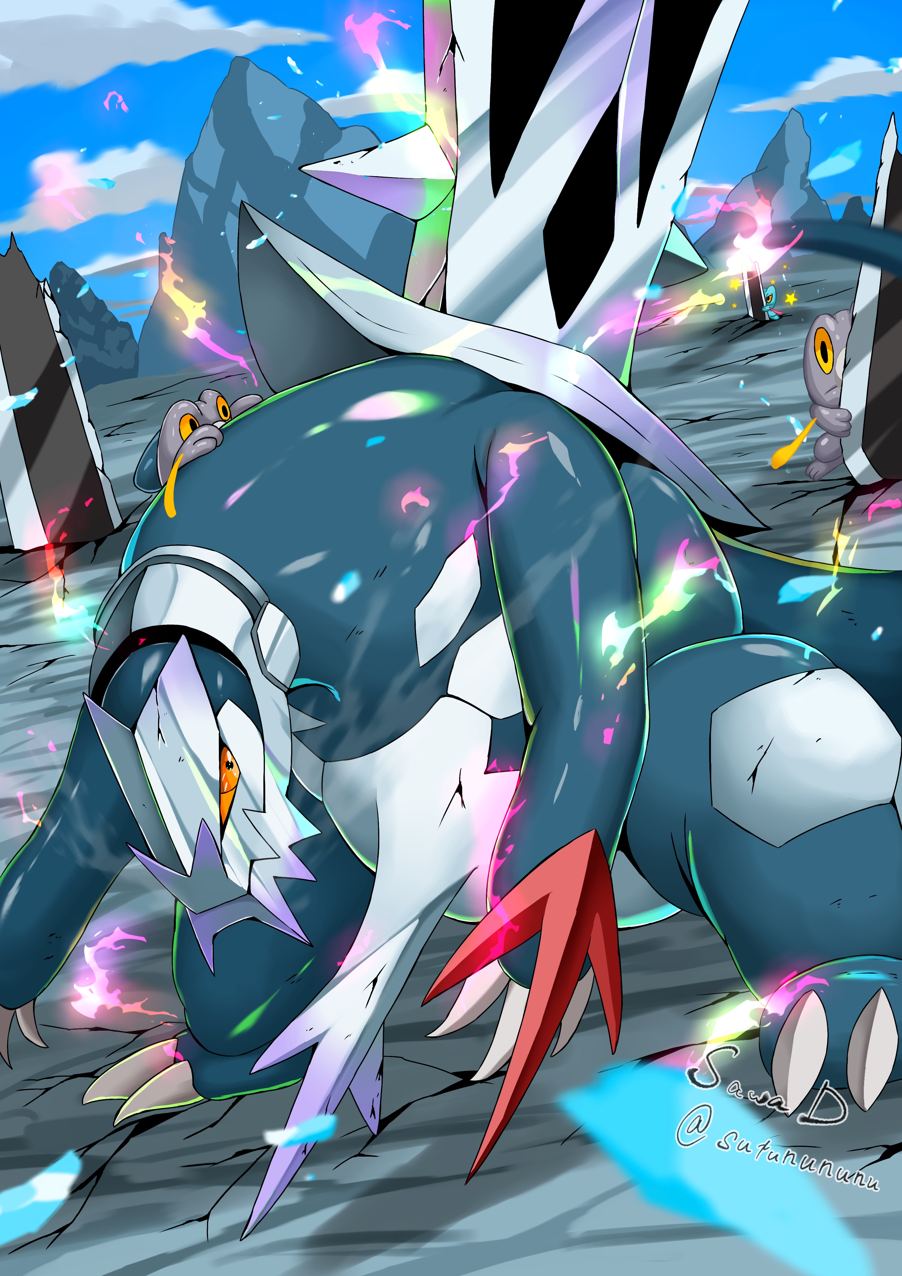 sawa d, baxcalibur, frigibax, mega baxcalibur, nintendo, pokemon, absurdres, commentary request, highres, alternate color, blue skin, claws, colored sclera, colored skin, dragon, fangs, ice, icicle, mega pokemon, mountain, pokemon (creature), pokemon focus, pokemon on back, red claws, scales, shiny and normal, shiny pokemon, spines, sword, tail, weapon, yellow eyes, yellow sclera