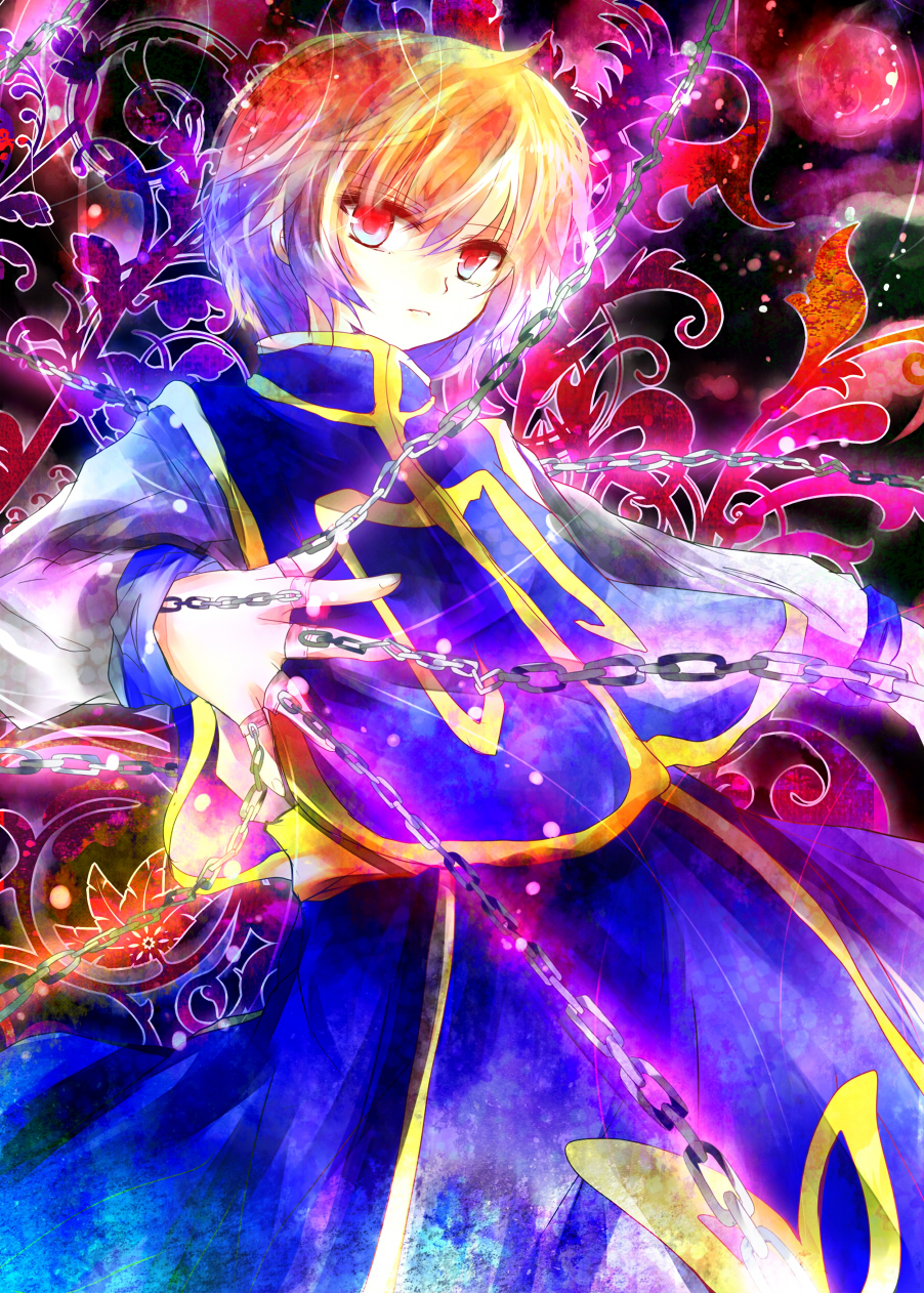 kazu (muchuukai), kurapika, hunter x hunter, bad id, bad pixiv id, highres, 1boy, blonde hair, chain, colorful, male focus, red eyes, short hair, solo