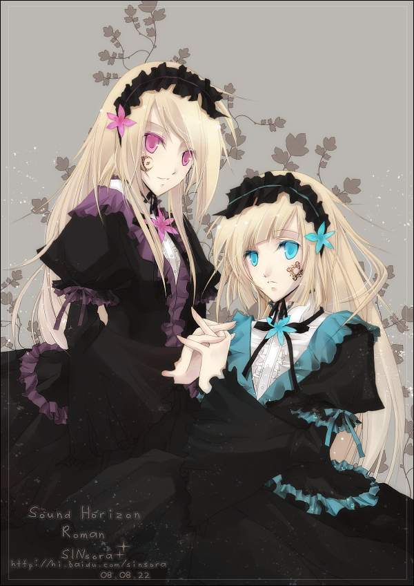 sinsora, hortense (sound horizon), violette (sound horizon), roman (sound horizon), sound horizon, non-web source, 2girls, blonde hair, blue eyes, dress, gothic lolita, holding hands, lolita fashion, long hair, multiple girls, pink eyes, ribbon, siblings, tattoo, twins