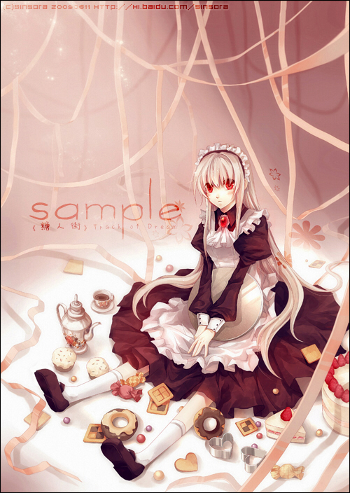 sinsora, original, non-web source, 1girl, albino, blush, cake, candy, checkerboard cookie, cookie, female focus, flower, food, full body, long hair, maid, maid headdress, pastry, red eyes, sitting, solo, white hair