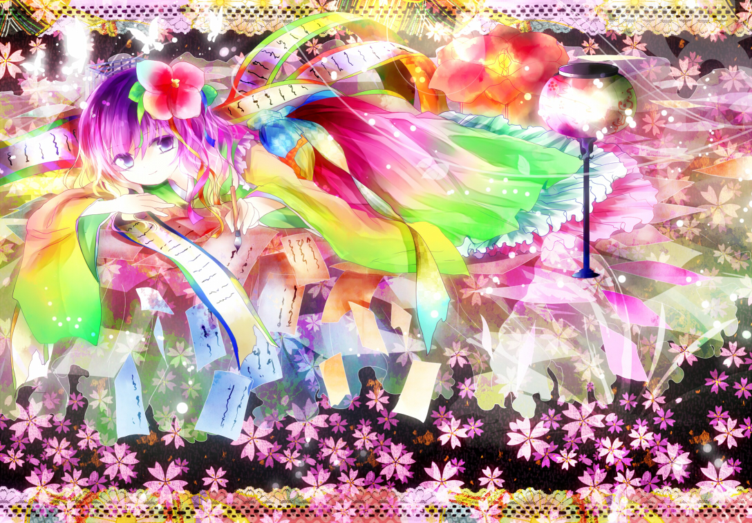 kazu (muchuukai), hieda no akyuu, touhou, bad id, bad pixiv id, 1girl, colorful, female focus, flower, hair flower, hair ornament, lamp, lying, paper, purple eyes, purple hair, scroll, solo