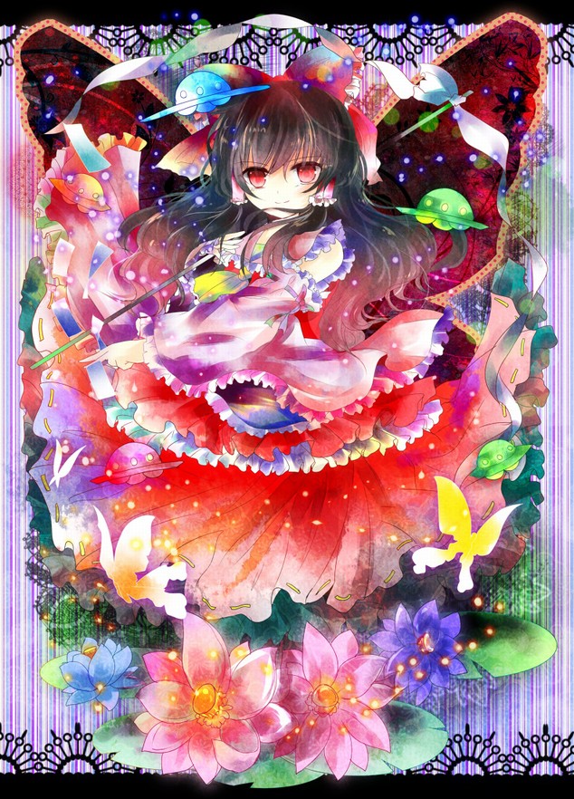 kazu (muchuukai), hakurei reimu, touhou, bad id, bad pixiv id, 1girl, bow, brown hair, bug, butterfly, butterfly wings, colorful, female focus, flower, hair bow, insect, insect wings, long hair, lotus, red eyes, solo, wings