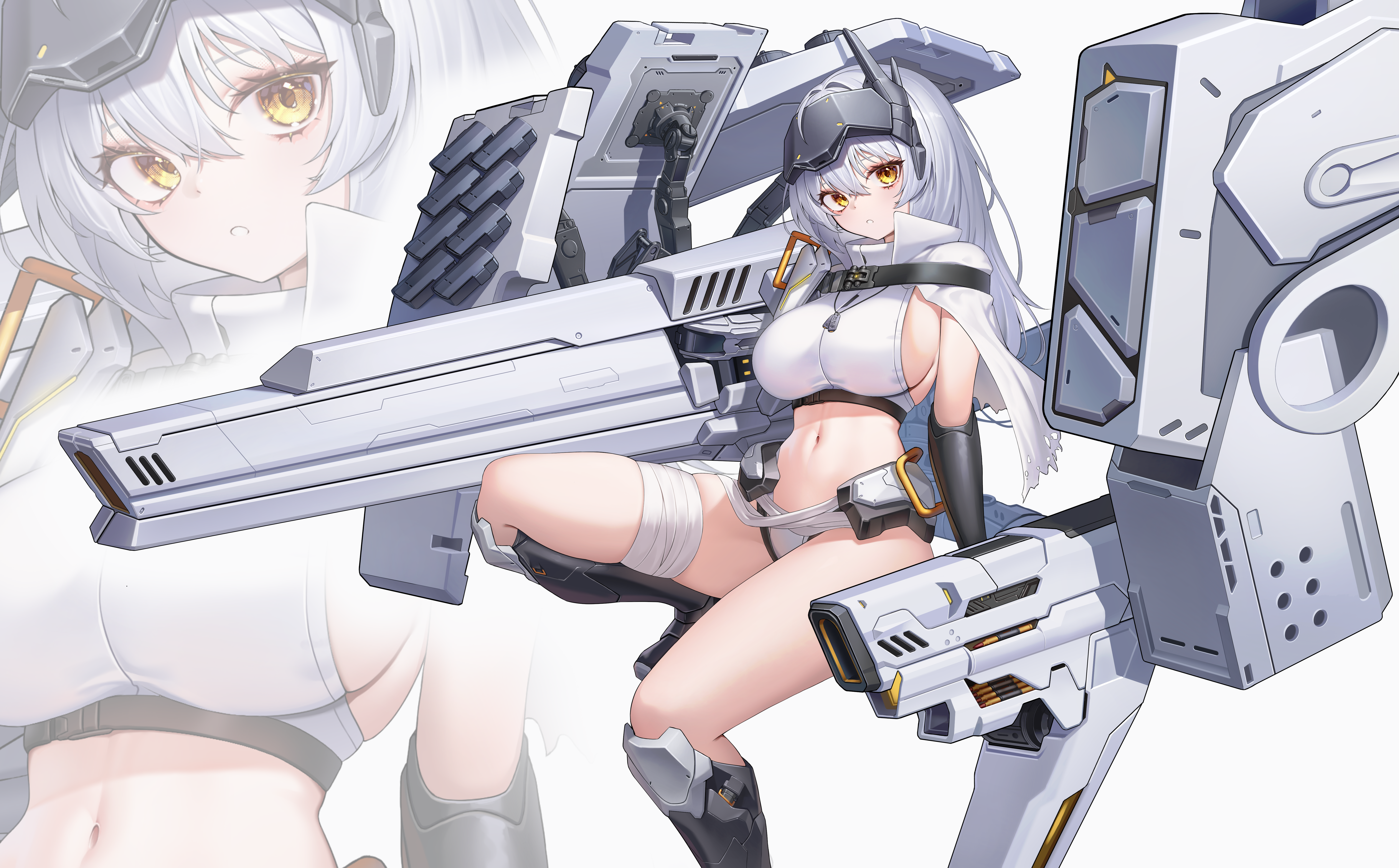 chun bae, snow white (heavy arms) (nikke), snow white (nikke), goddess of victory: nikke, absurdres, commentary, highres, 1girl, bandaged leg, bandages, bikini, bikini bottom only, boots, breasts, cannon, cape, crop top, knee boots, large breasts, long hair, looking at viewer, navel, official alternate costume, parted lips, shirt, sideboob, skindentation, sleeveless, sleeveless shirt, solo, stomach, swimsuit, thighs, torn cape, torn clothes, visor (armor), white bikini, white cape, white hair, white shirt, yellow eyes, zoom layer