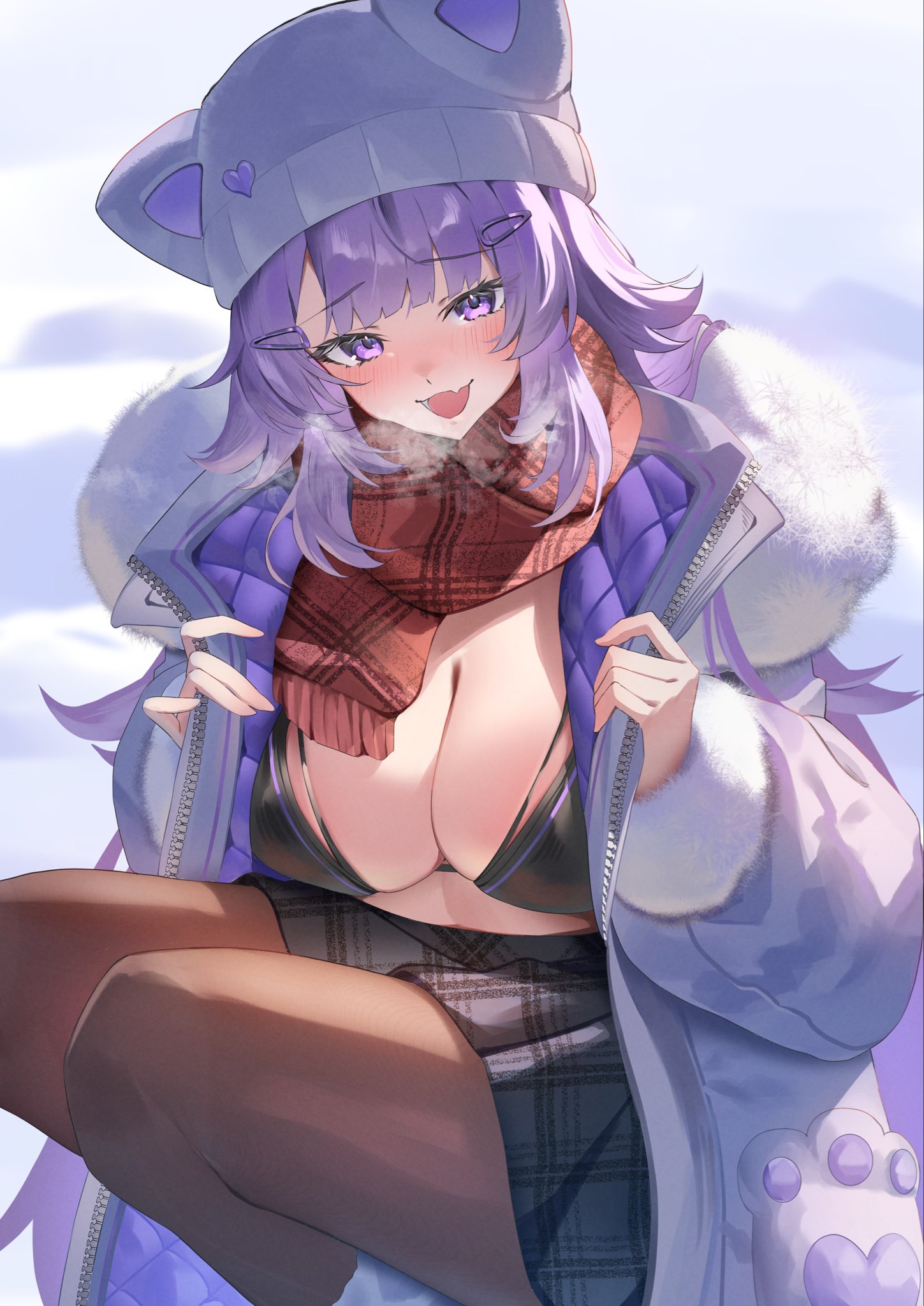 pendora1022, nekomata okayu, hololive, highres, 1girl, :d, alternate costume, animal ears, animal hat, beanie, bikini, bikini top only, black bikini, blush, breasts, breath, cat ears, cat girl, cat hat, cleavage, coat, day, fang, fur-trimmed coat, fur trim, hat, huge breasts, jacket, long hair, looking at viewer, messy hair, miniskirt, open mouth, outdoors, plaid clothes, plaid scarf, plaid skirt, pleated skirt, purple eyes, purple hair, red scarf, scarf, skin fang, skirt, smile, snow, solo, squatting, swimsuit, virtual youtuber, white hat, white jacket