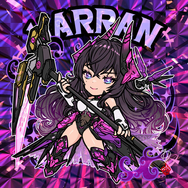 kanchiyo, harran (nikke), goddess of victory: nikke, commentary request, 1girl, armored boots, armored leotard, bikkuriman (style), black hair, black leotard, blue eyes, boots, breasts, character name, chibi, detached sleeves, full body, headgear, holding, holding scythe, holding weapon, horns, leotard, long hair, looking at viewer, mechanical horns, mechanical wings, medium breasts, mole, mole under eye, purple eyes, scythe, smile, solo, very long hair, weapon, wings