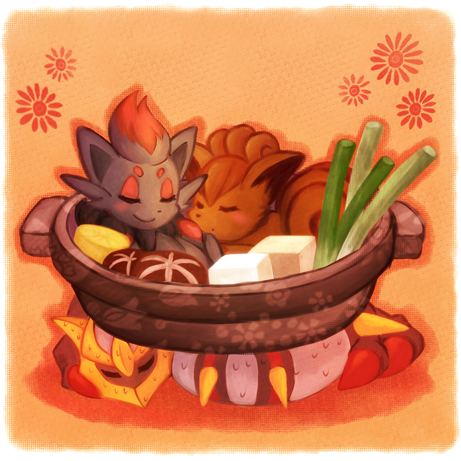 kabocha torute, giratina, giratina (origin), vulpix, zorua, nintendo, pokemon, pokemon bw, pokemon dppt, pokemon rgby, pot, bad id, bad pixiv id, 00s, 10s, 1990s (style), bad food, closed eyes, creature as food, food, food focus, gen 1 pokemon, gen 4 pokemon, gen 5 pokemon, in container, legendary pokemon, mushroom, no humans, pokefood, pokemon (creature), retro artstyle, spring onion, sweat, tofu