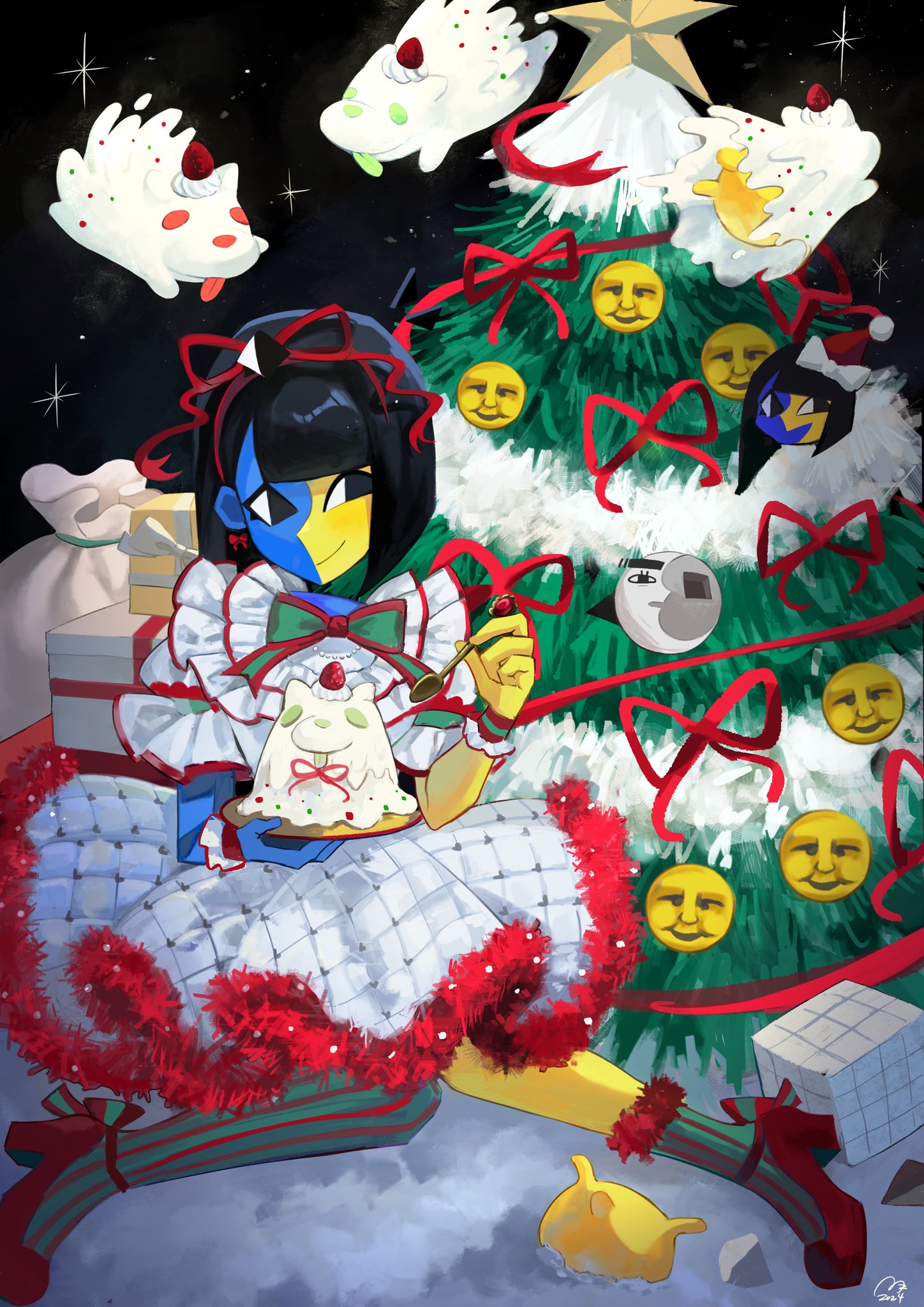 usagimarumei, ena (ena), happy ena, hourglass dog, moony (ena), ena (series), ena (web series), commentary, highres, symbol-only commentary, 1girl, animal, black eyes, black hair, blue skin, blunt bangs, blunt ends, bow, christmas, christmas tree, colored skin, dog, dress, ena (species), floating head, frilled dress, frills, ghost, hair bow, lolita fashion, multicolored skin, smile, socks, split-color skin, two-tone skin, yellow skin