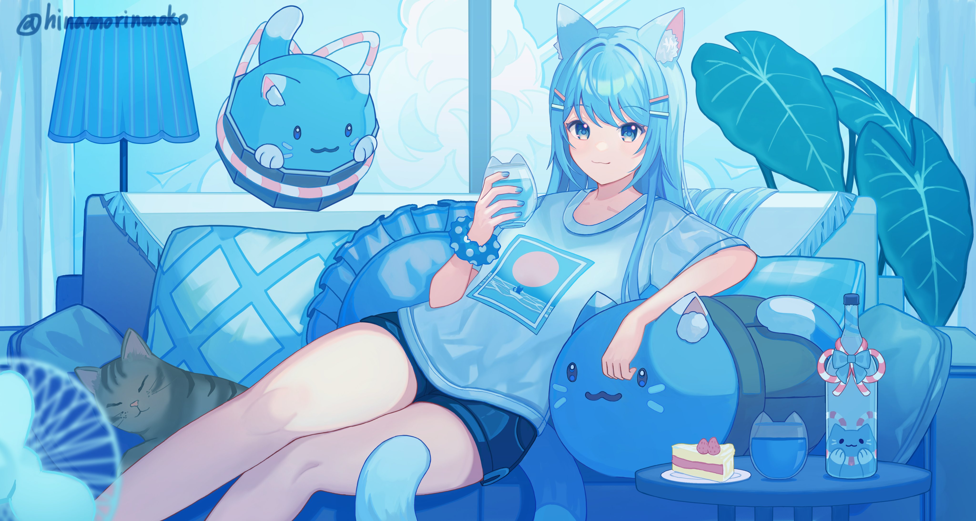 shuilantao, indie virtual youtuber, absurdres, commentary request, highres, 1girl, animal, animal ears, artist name, blue eyes, blue hair, blue scrunchie, blue shorts, blue theme, bottle, cake, cake slice, cat, cat ears, cat girl, cat tail, chigusa maru (vtuber), couch, cup, drinking glass, food, holding, holding cup, long hair, scrunchie, shirt, short sleeves, shorts, sitting, solo, stuffed toy, t-shirt, tail, twitter username, virtual youtuber, white shirt, wrist scrunchie
