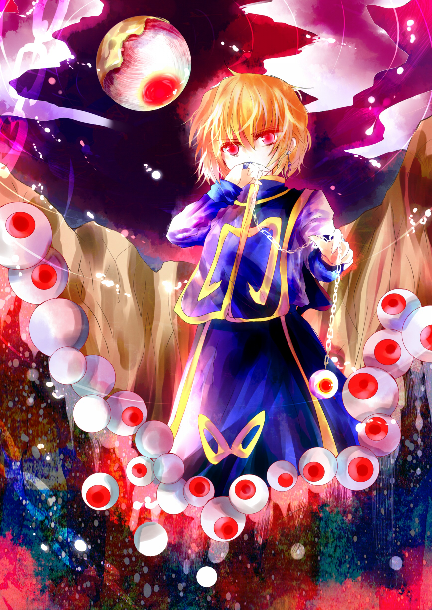 kazu (muchuukai), kurapika, hunter x hunter, bad id, bad pixiv id, highres, 1girl, blonde hair, chain, colorful, eyeball, female focus, gold trim, horror (theme), macabre, male focus, red eyes, short hair, solo